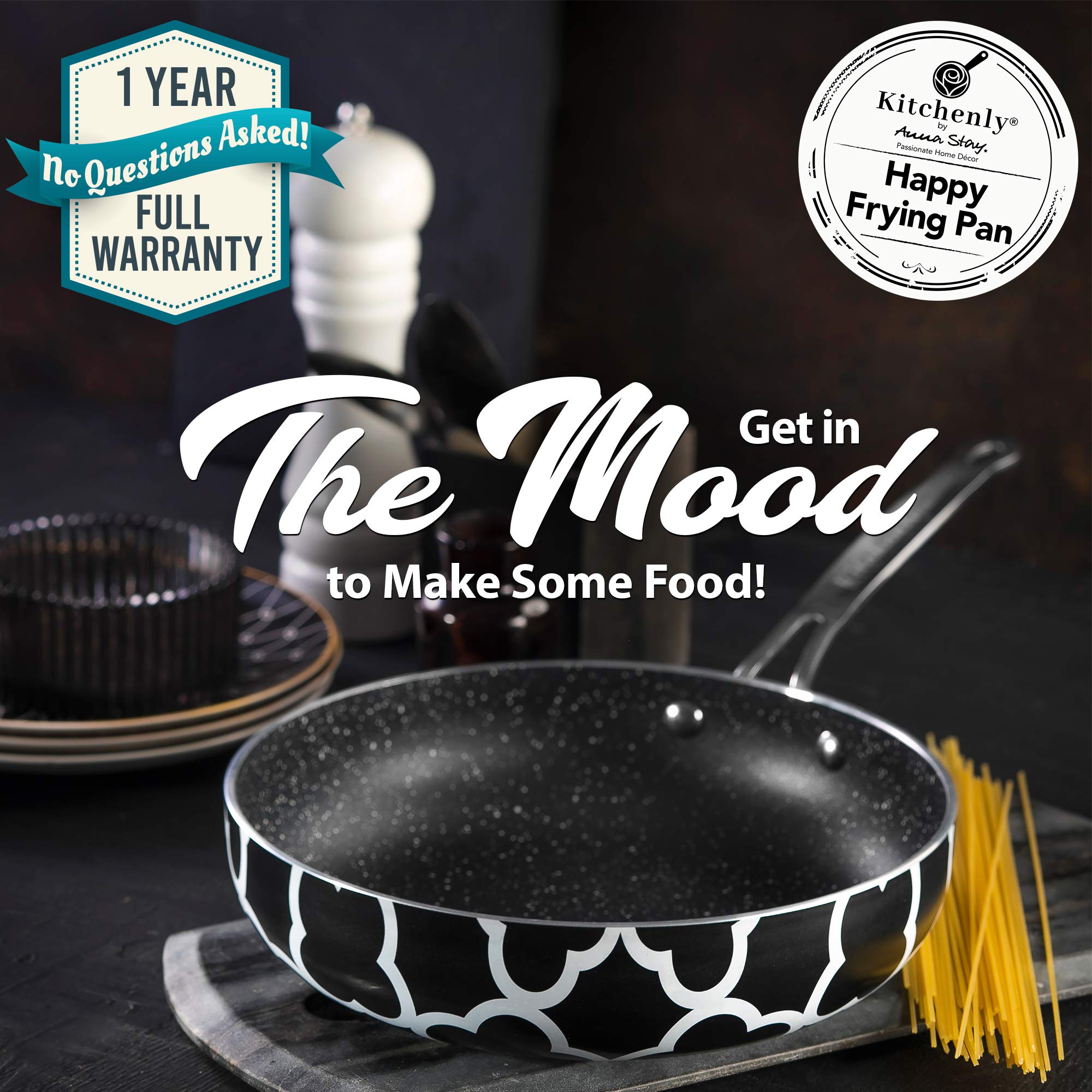Non-Stick Frying Pan 9.5 Inch - Induction Ready Hard Anodized Granite Coating Deep Skillet Wok with Ergonomic Handle for Stove, Oven Cooking & Baking - Perfect for Stir Fry, Sautéing, Pancakes & Family Meals