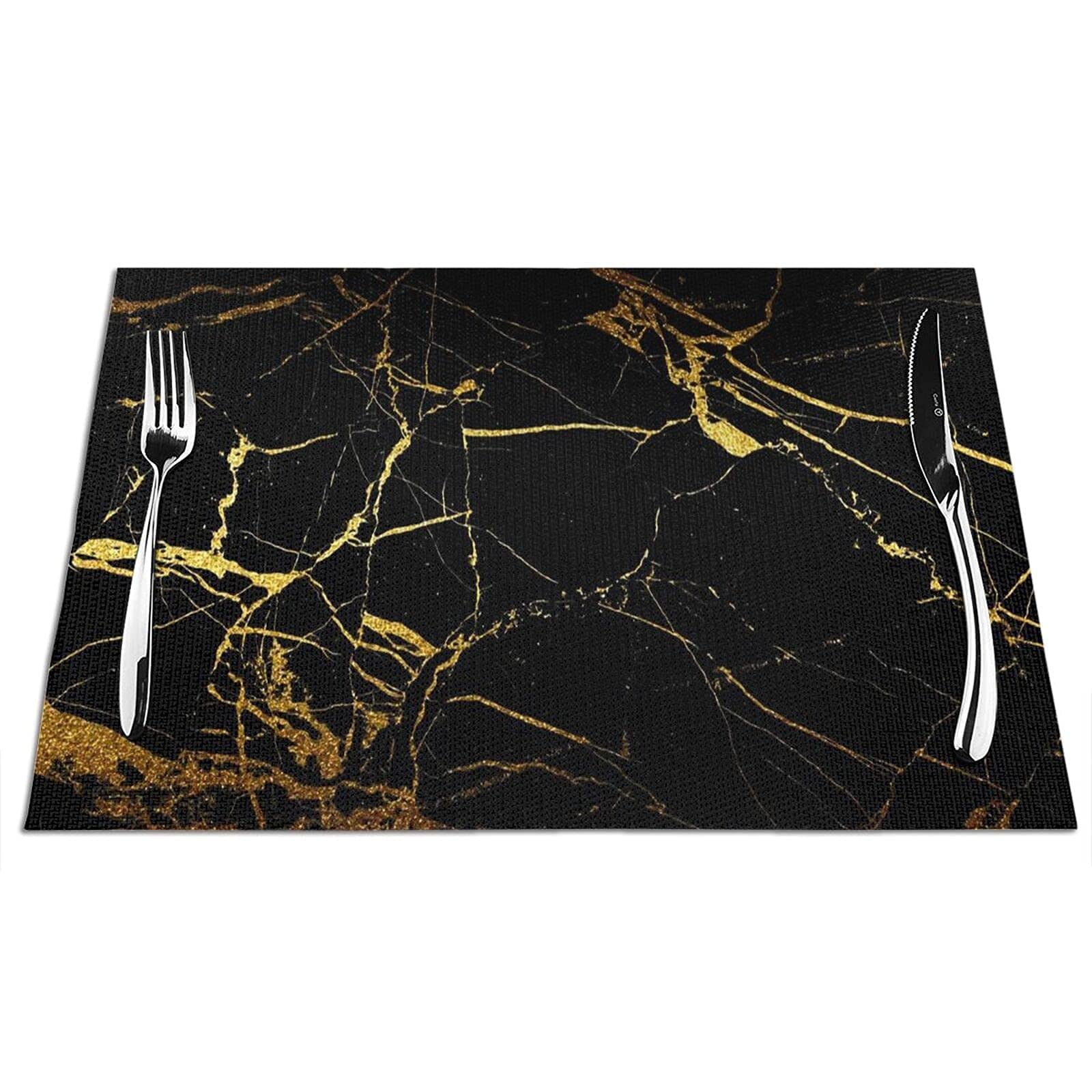 Premium Black Gold Marble Placemats Set of 4 - Heatproof Non-Slip Vinyl Place Mats for Dining & Kitchen Tables - Washable Woven Table Mats for Everyday Use, Dinner Parties & Holiday Decor