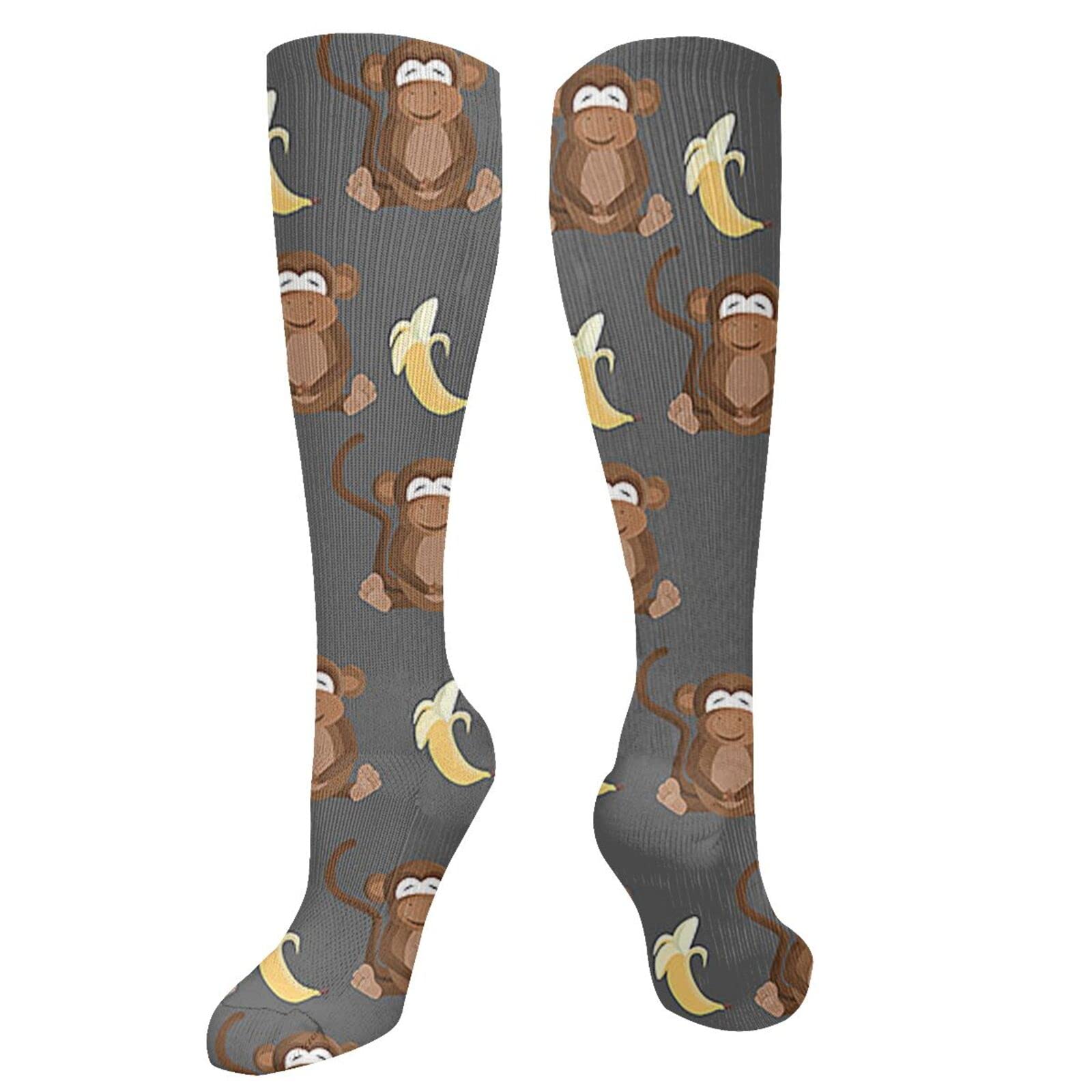 Women's & Men's Cotton Knee High Socks - Soft Cushioned Compression Crew Socks with Fun Banana Monkey Design for Work, Casual Wear & Sports