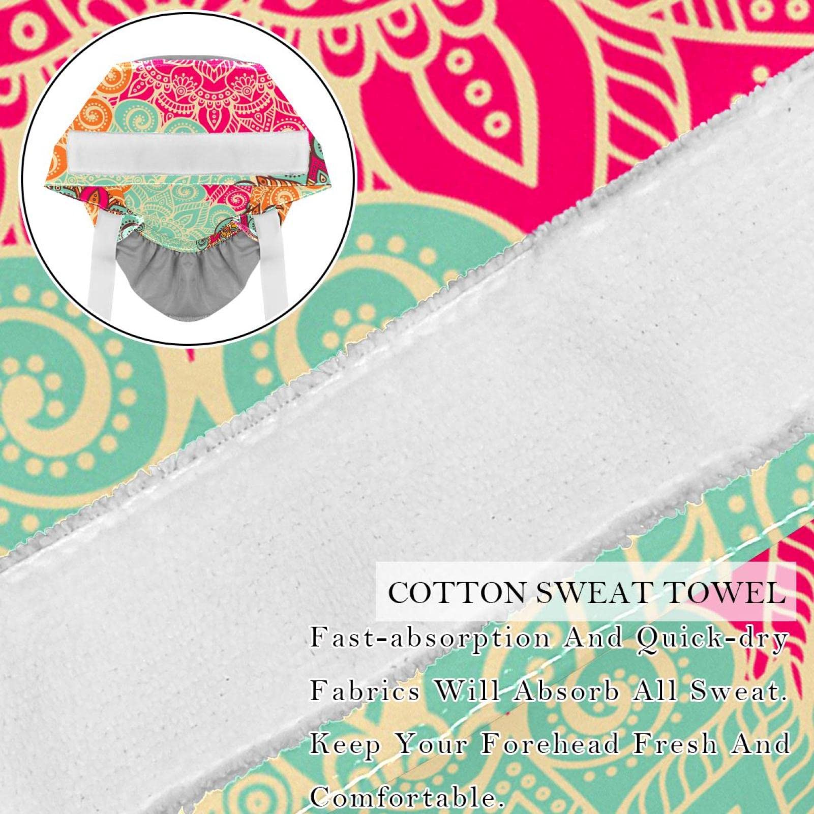 Bohemian Floral Geometric Print Scrub Hats for Women & Men - 2 Pack Long Hair Surgical Caps with Button Closure & Sweatband - Unisex Tie Back Nurse Doctor Chef Work Hat for Hospital, Kitchen & Salon
