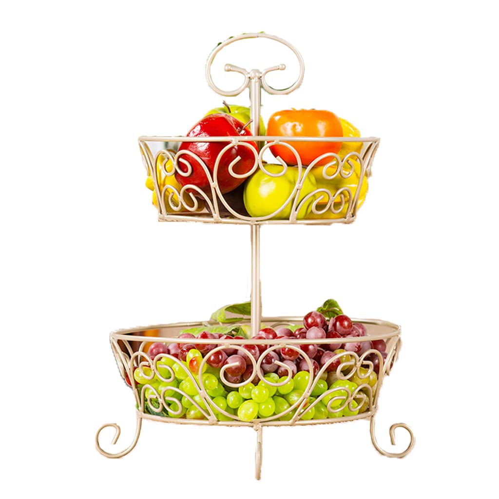 2-Tier Wrought Iron Fruit Basket Stand - Large Capacity Modern Tabletop Storage for Fruits & Snacks - Gold Decorative Organizer for Kitchen, Dining Room, or Party Serving