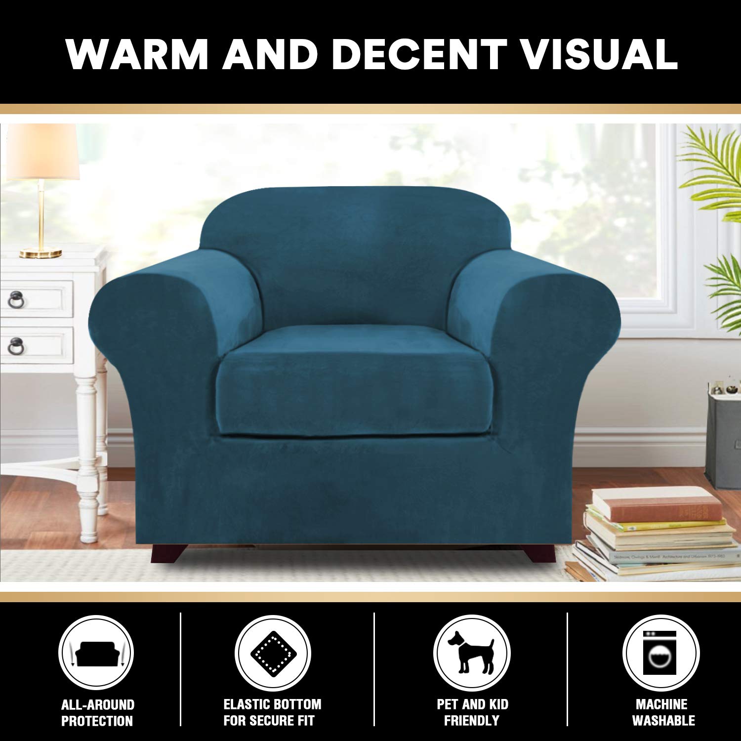 PrinceDeco Velvet Plush Stretch Sofa Cover 2-Piece Set - Washable Furniture Protector with Elastic Bottom, Fits Armchairs Up to 49