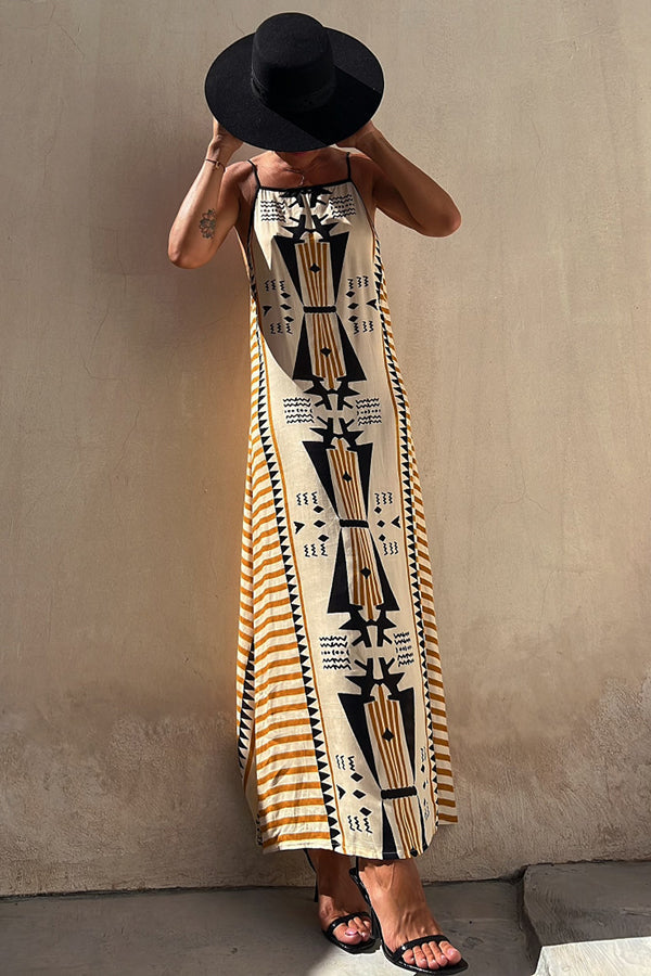 Stylish Ethnic Print Backless A-Line Maxi Dress for Women - Boho Chic Summer Beach Vacation & Party Outfit