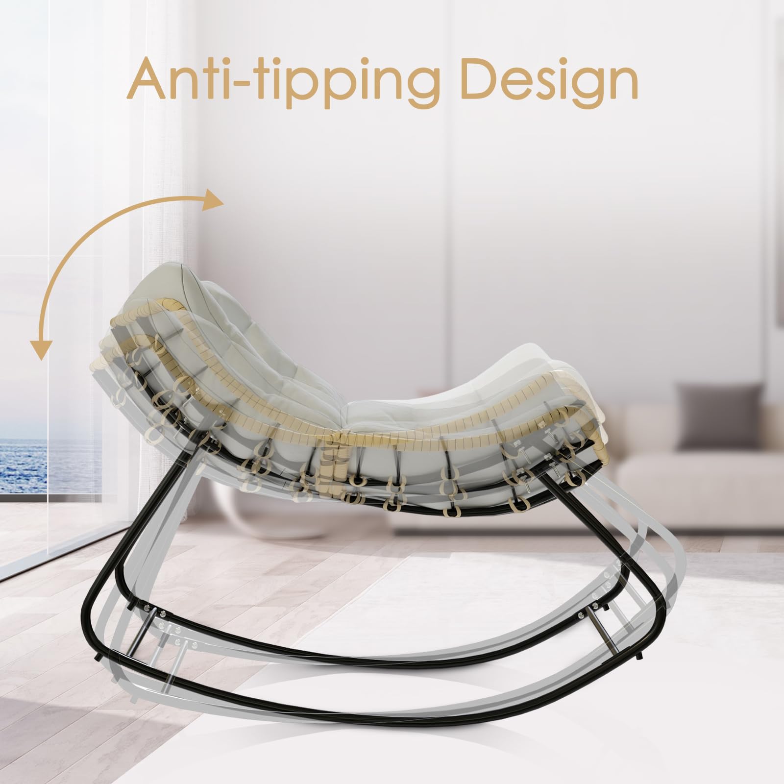 Outdoor Rocking Papasan Chair - Egg Recliner Rocker for Patio, Garden & Porch - White Padded Swing Chair for Relaxing in Bedroom, Living Room or Backyard - Perfect for Reading, Napping & Lounging