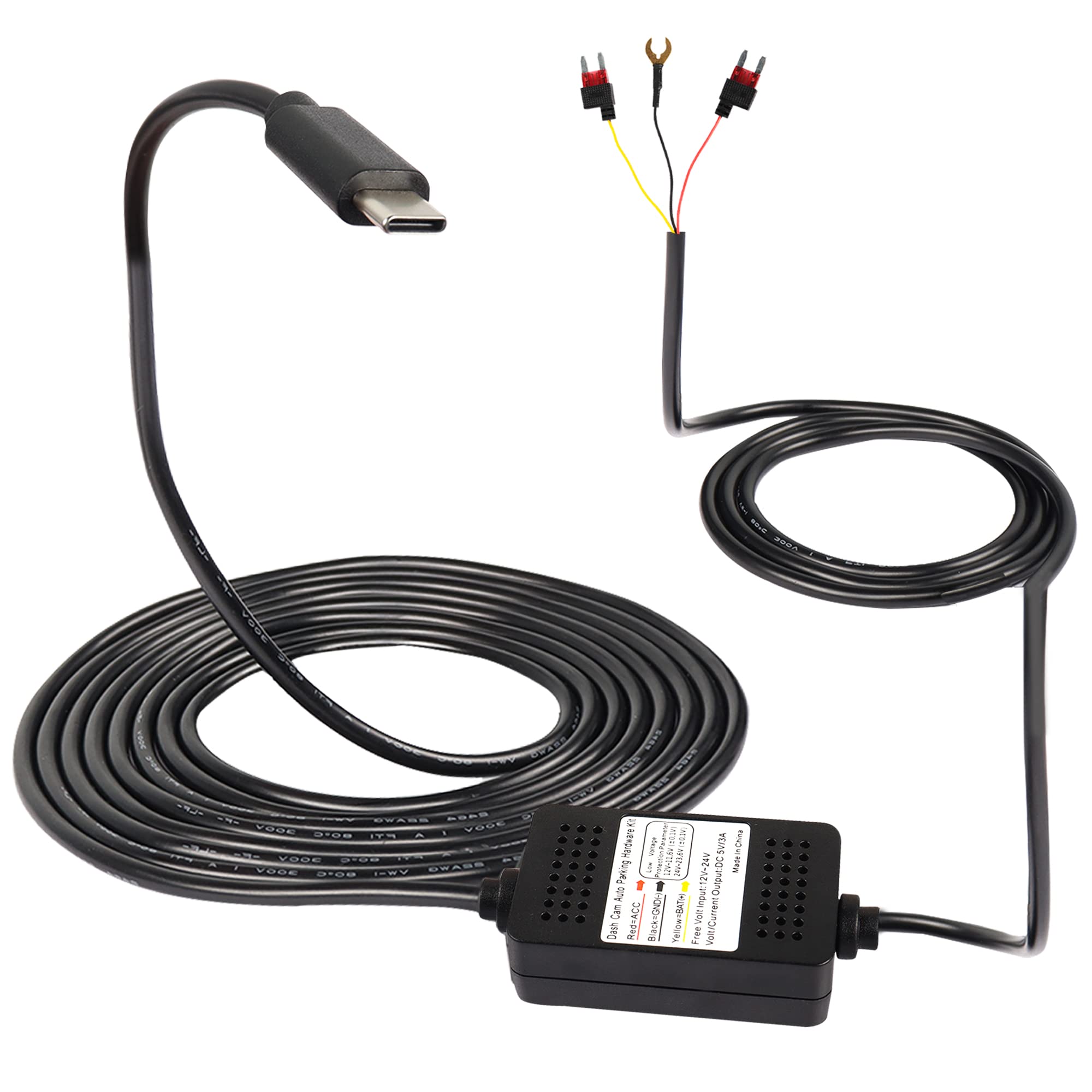 MEIRIYFA Dash Cam Hardwire Kit - USB Type C 12V-24V to 5V 3A Power Cord for Car Dash Camera & GPS (11.5FT) | Professional Installation | Continuous Parking Mode | Safe Voltage Conversion for Vehicles