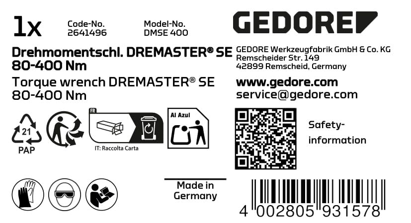 GEDORE DMSE 400 Torque Wrench DREMASTER SE 14x18 (80-400 Nm) - Professional Automotive & Industrial Tool for Precise Bolt Tightening