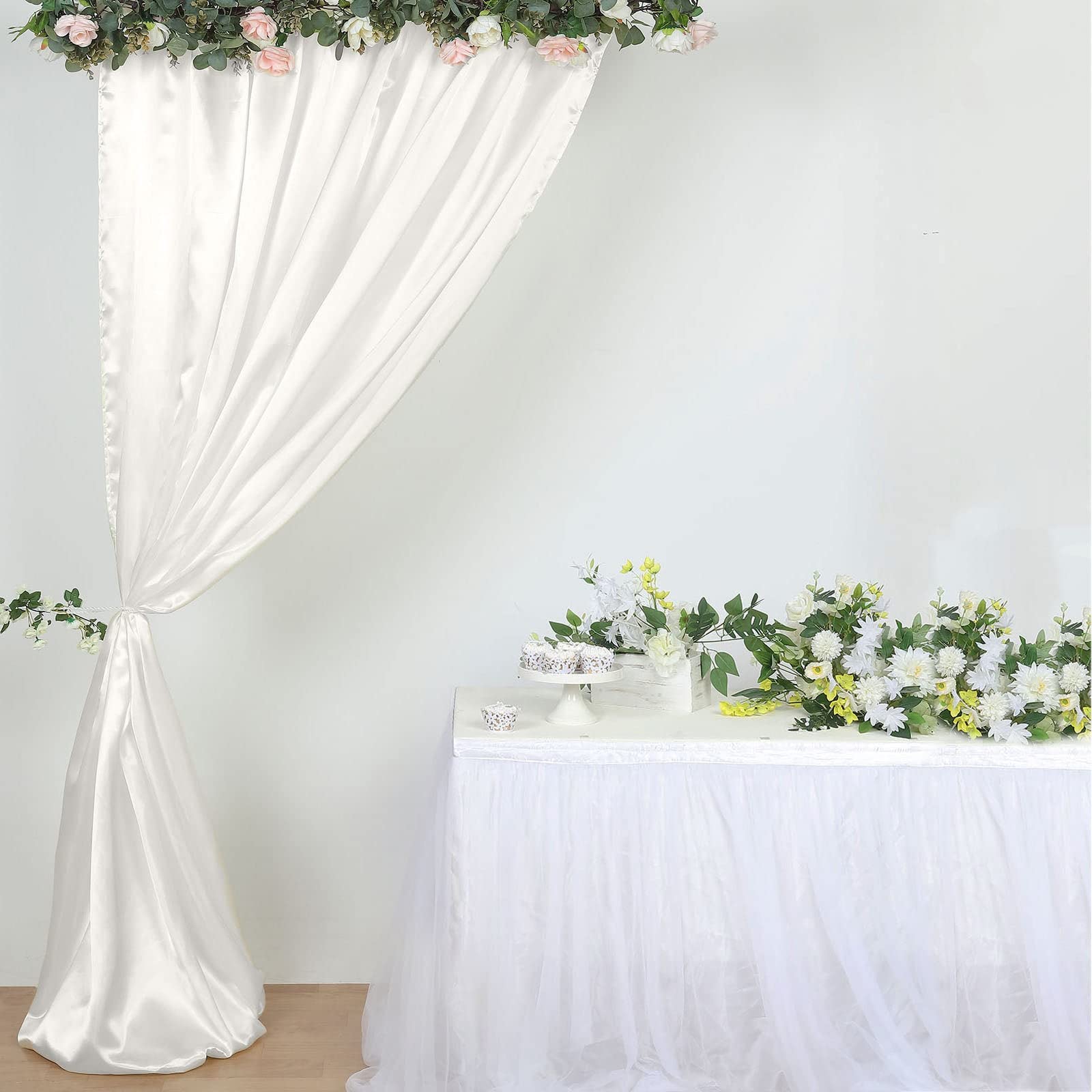 Efavormart 8ft x 10ft Ivory Satin Curtain Panel Backdrop Drapes - Photo Booth Backdrop with Rod Pocket - Perfect for Weddings, Parties & Home Decor