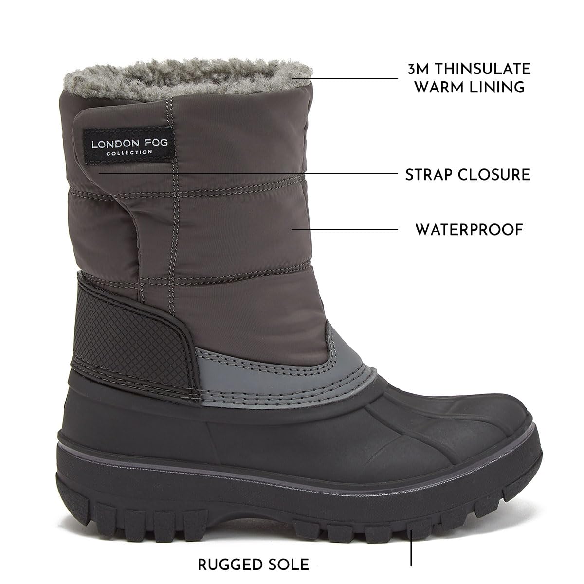 LONDON FOG Jett Waterproof Unisex Kids Snow Boots - Insulated Fleece Lined Winter Boots for Toddler to Big Kid (Size 5-6) - Black, Navy Blue, Grey - Perfect for Snow Play, Sledding & Cold Weather Outdoor Activities