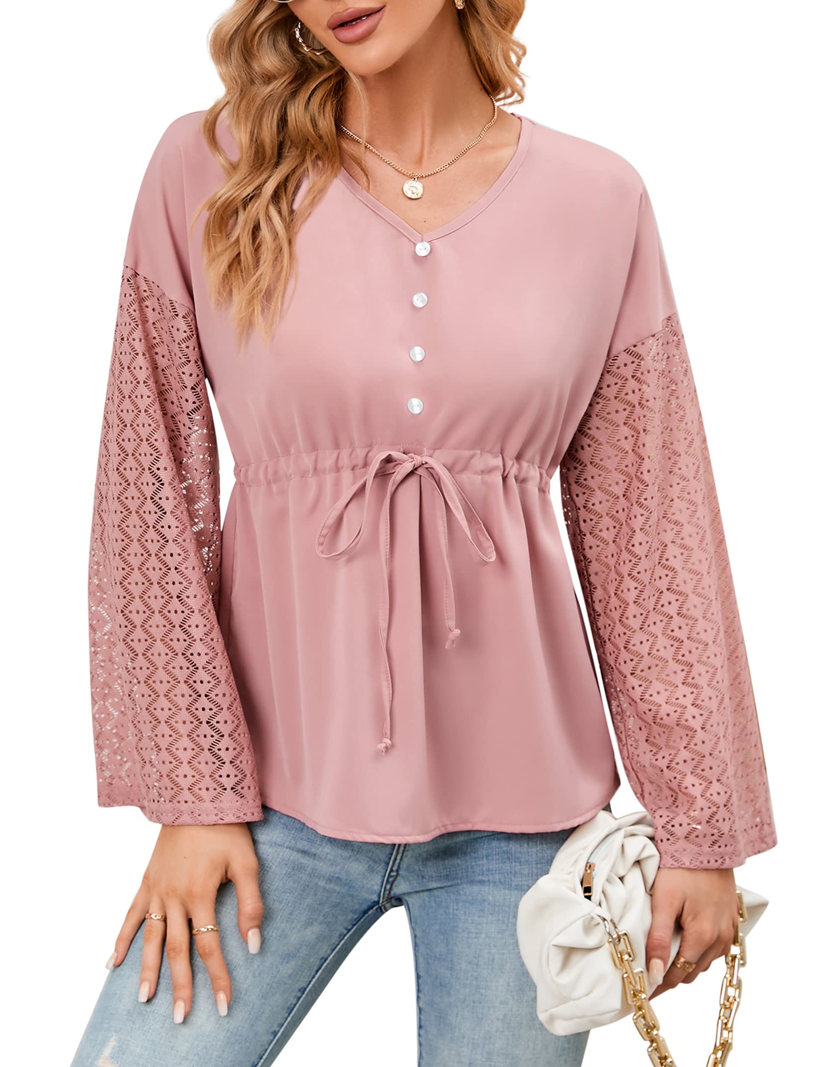 KOJOOIN Women's Lace Long Sleeve Blouse - V Neck Ruched Tunic Top with Puff Sleeves for Business Casual & Office Wear | Loose Fit Comfortable Shirt for Work, Date Night & Special Occasions