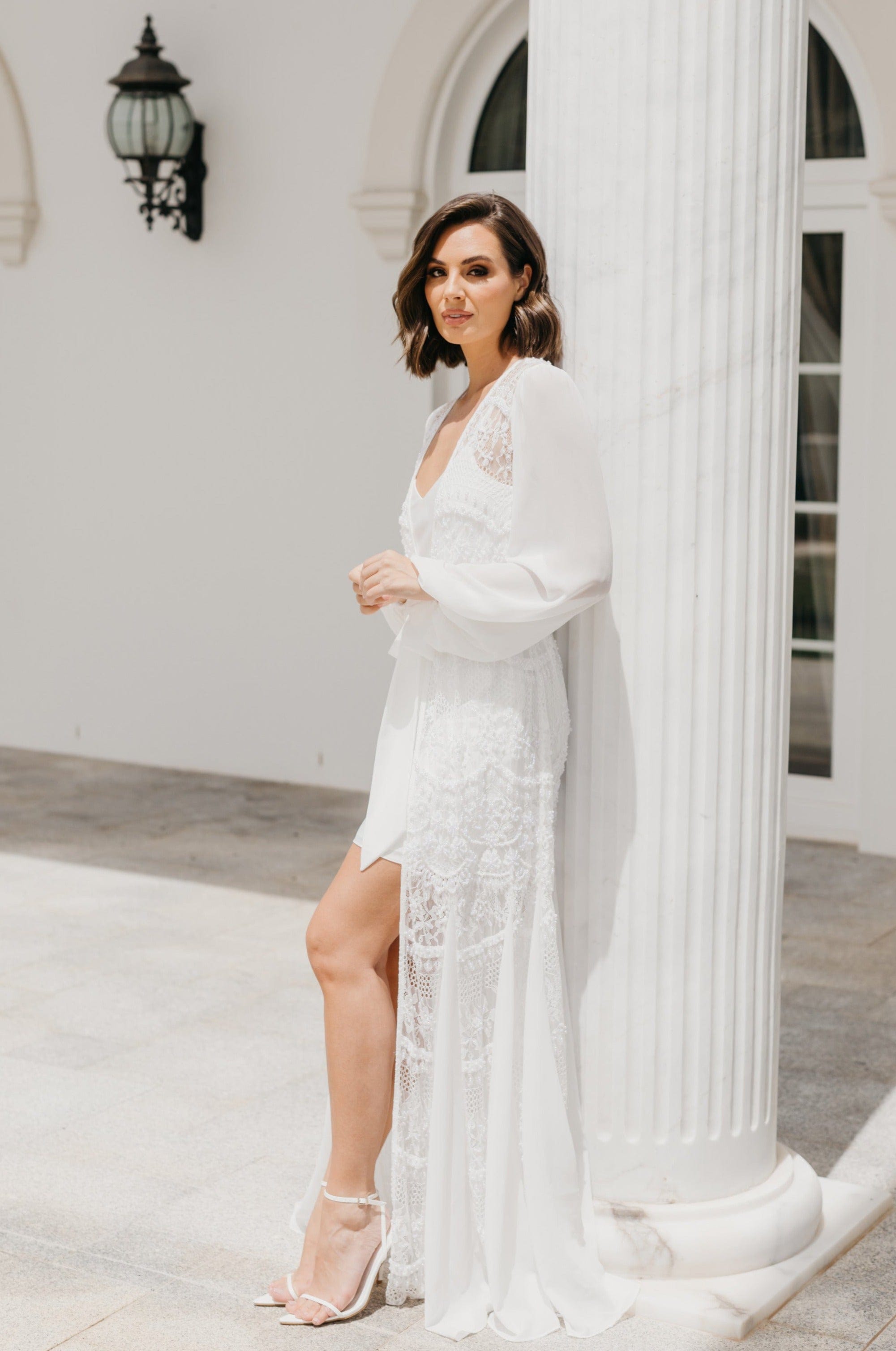 Elegant Hand-Beaded Pearl Maxi Bridal Robe with Slip - Perfect for Wedding, Bridal Shower & Honeymoon Getaway