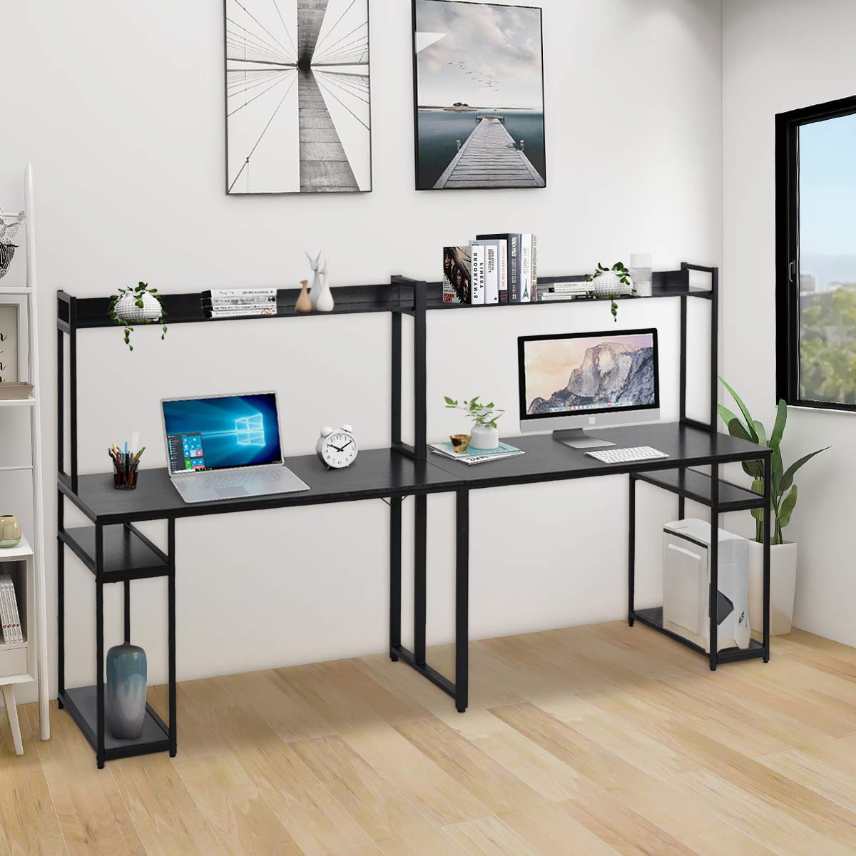 Home Office Double Workstation Desk - 2 Person Computer Desk with Storage Shelf & Spacious Tabletop | Multifunctional Writing Desk for Couples & Coworkers (Black) | Perfect for Small Spaces & Shared Home Offices