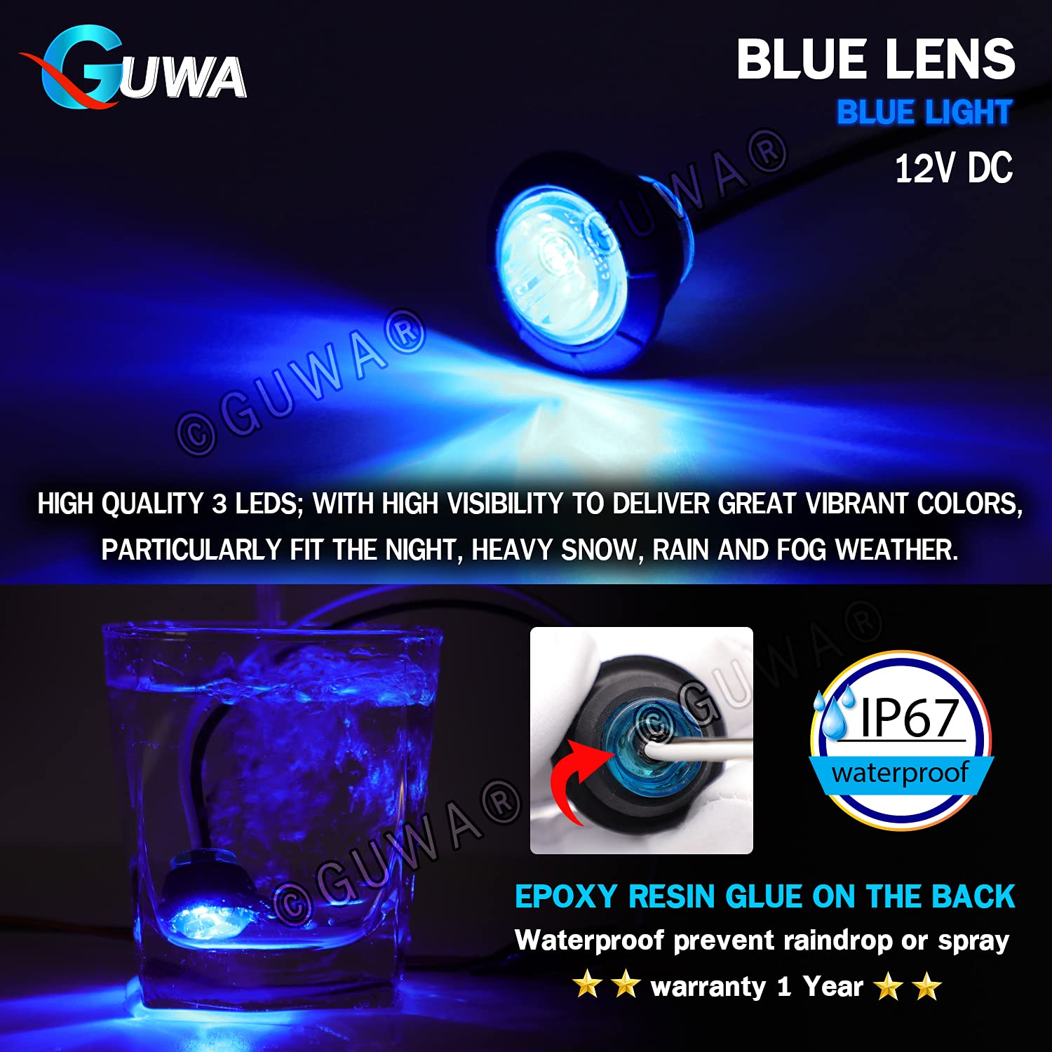 GUWA 3/4 Inch Mini Round Blue LED Clearance Side Marker Lights - Waterproof Flush Mount 12V DC Indicator Lamps for Trucks, Trailers, Buses & Cars (Pack of 50) - Perfect for Nighttime Visibility & Vehicle Safety