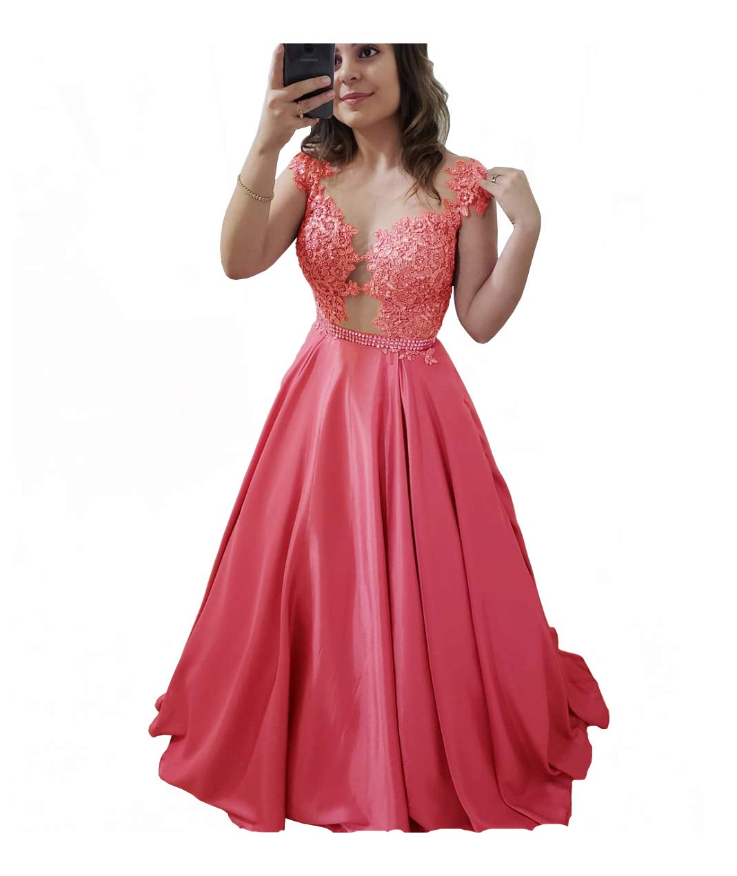 SoDigne Elegant Cap Sleeve Lace Appliques Prom Dresses Long A-Line Formal Party Gown for Women - Perfect for Homecoming, Wedding Guest & Evening Events