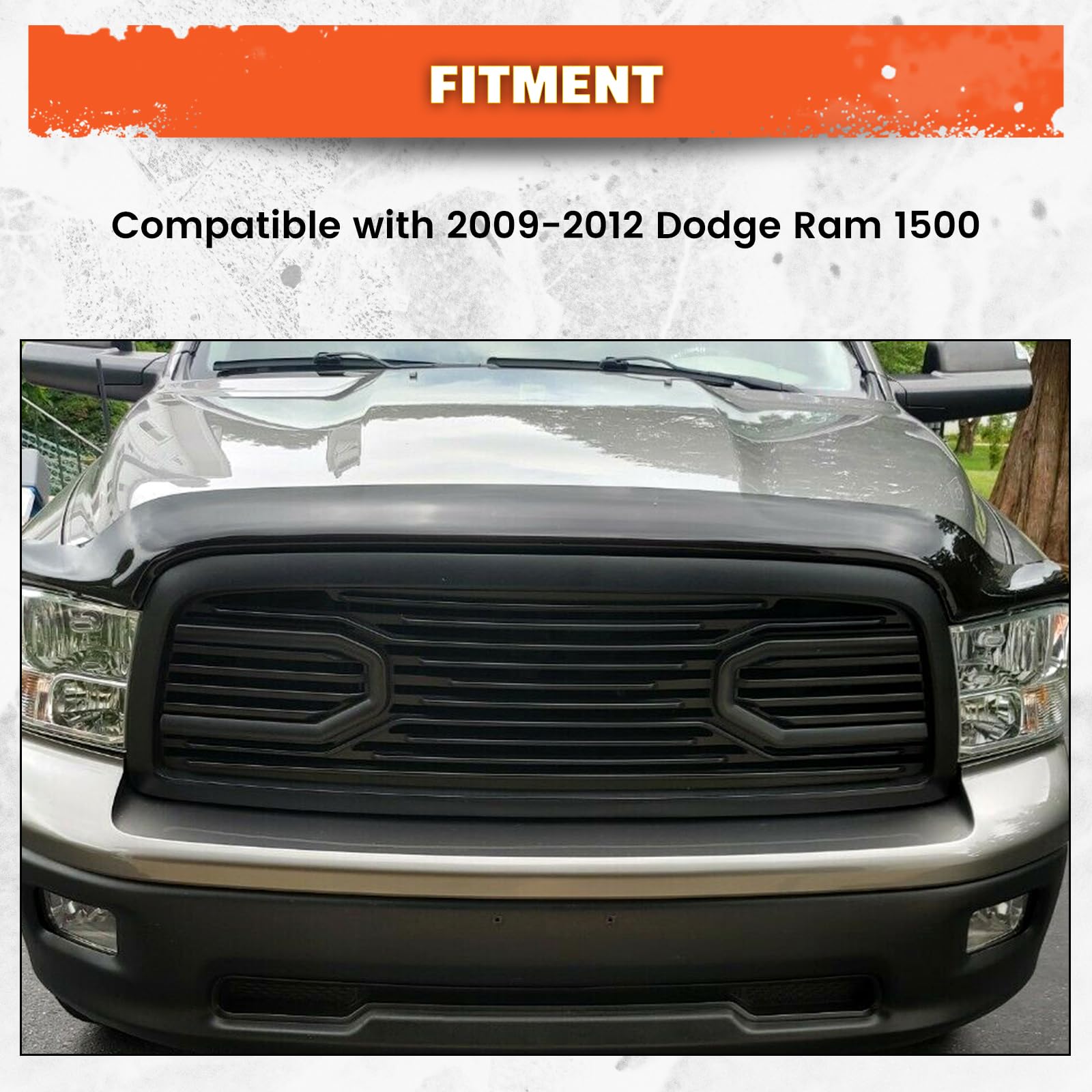ECOTRIC Black Front Hood Bumper Grille Grill for 2009-2012 Dodge Ram 1500 (Without Lights) - Durable Replacement for Off-Road & Daily Driving