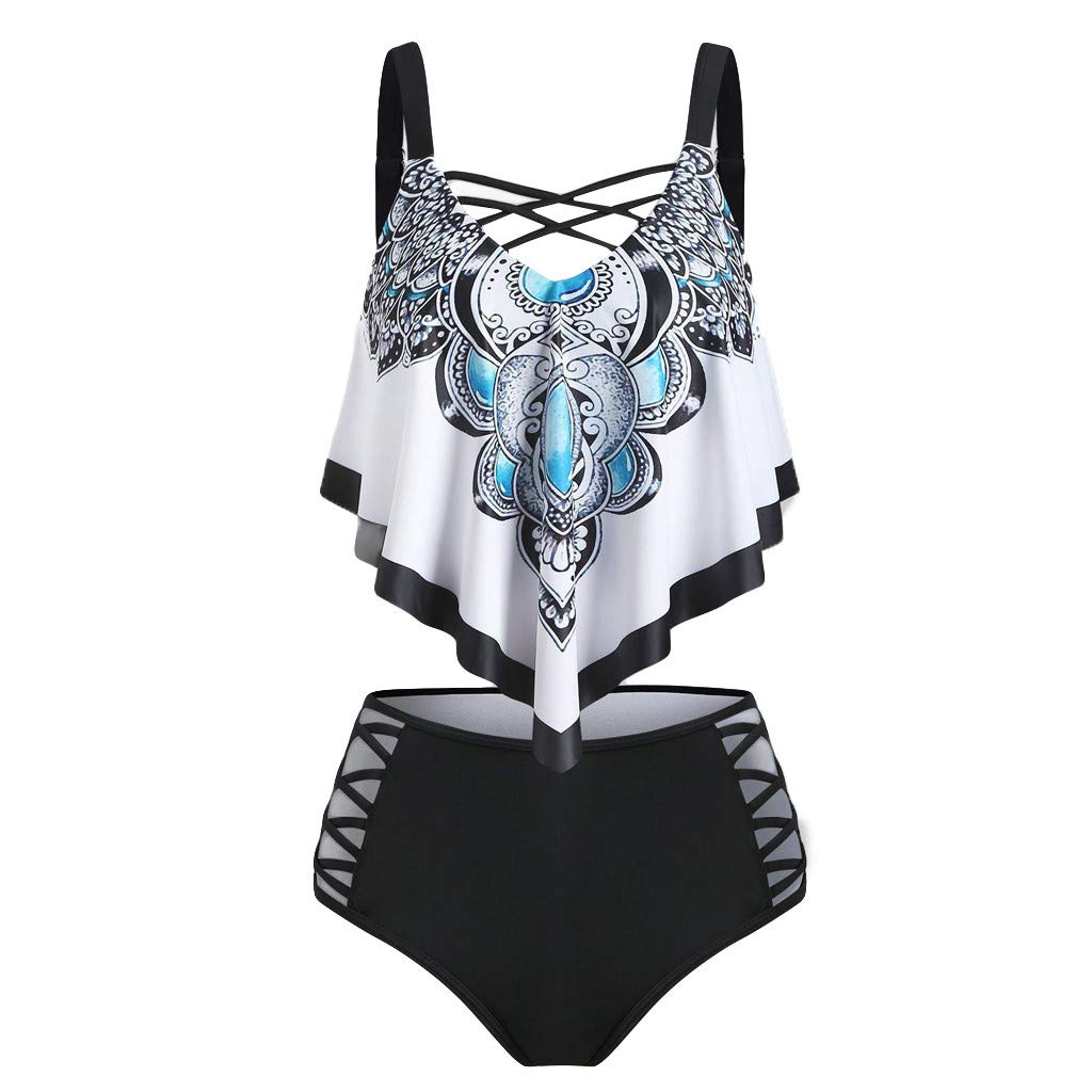 Flounce Padded Women's Overlay Tankini Print Swimwear BOH Crisscross 2-Piece Swimsuits with Boy Shorts | Sexy Beachwear for Pool, Vacation & Summer Fun