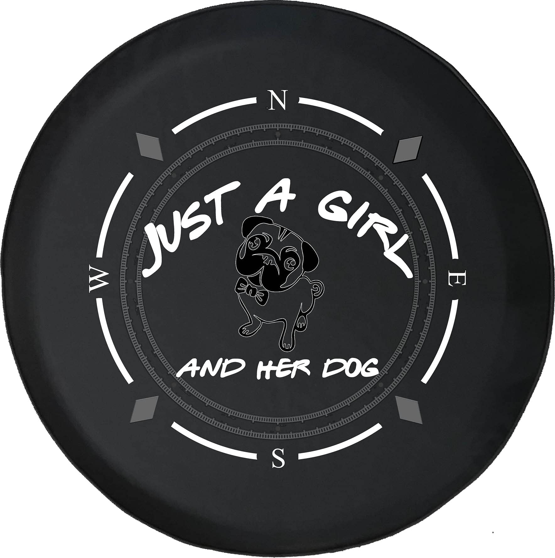 American Unlimited Spare Tire Cover with Compass Design - Just a Girl & Her Dog Pug Cute Wheel Covers for SUV, Trailer, RV Accessories - Perfect for Road Trips, Camping & Outdoor Adventures