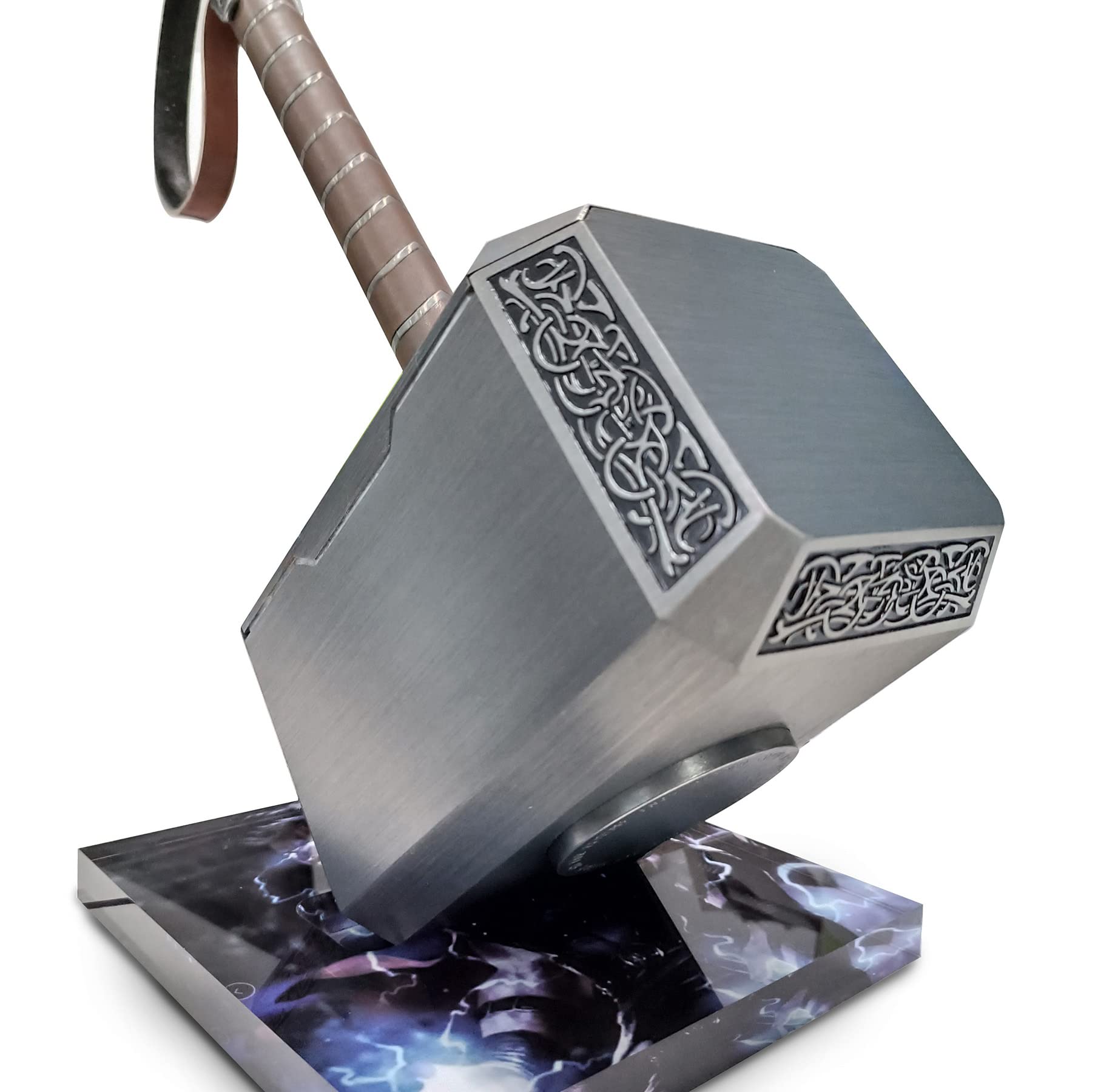 Norse Mythology Mjolnir Hammer - Solid Metal Thor's Thunder Hammer Replica with Stand Base | Full Size Cosplay Prop for Viking Costume, Halloween, Collectors & Home Decor