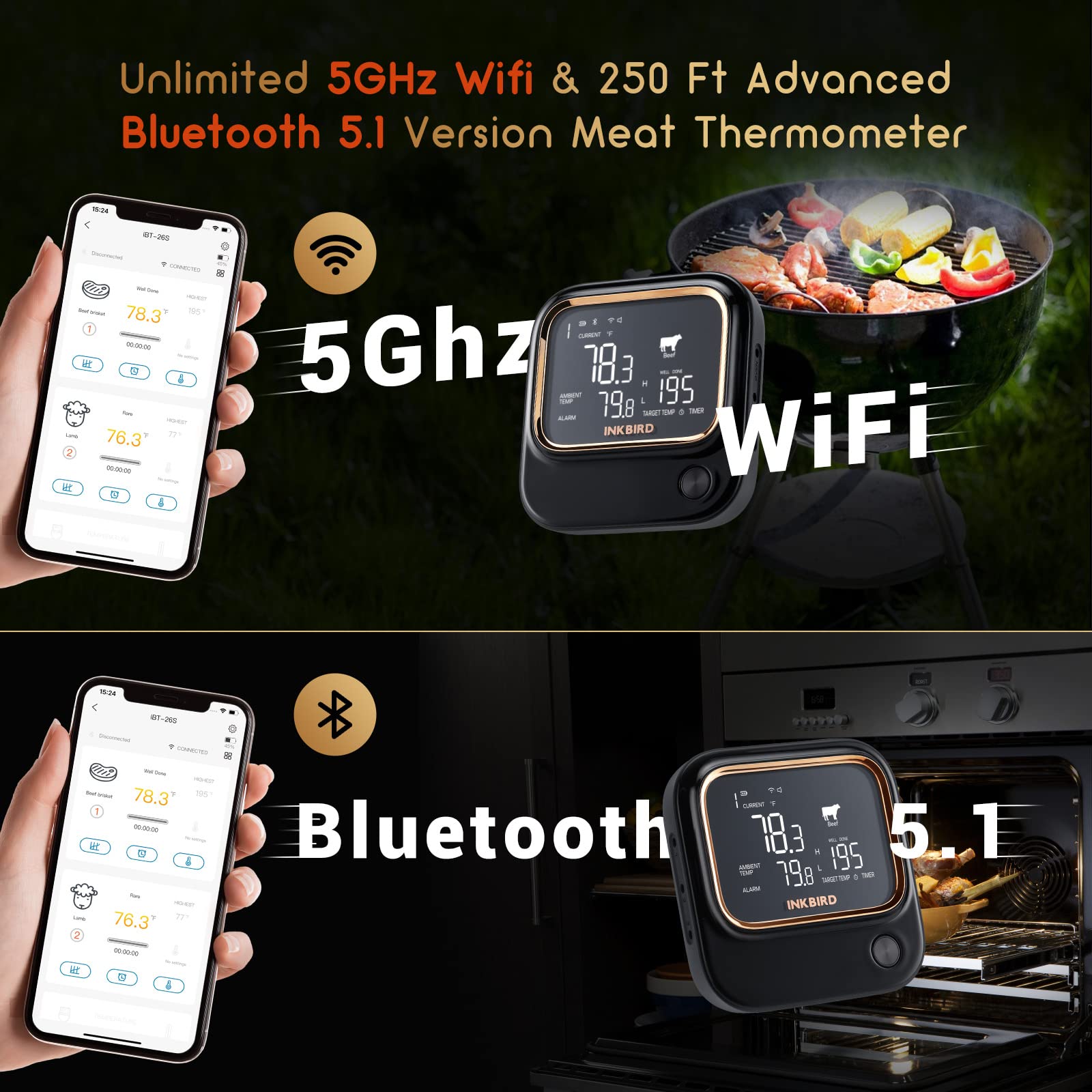 Inkbird IBT-26S 5GHz WiFi & Bluetooth 5.1 Wireless Meat Thermometer with 4 Probes - Smart BBQ Grill Thermometer for Smoking, Grilling, Roasting - APP Control, Alarm Timer, Backlit LCD, Rechargeable Battery - Perfect for Outdoor Cooking, Backyard Parties & Home Kitchen Use