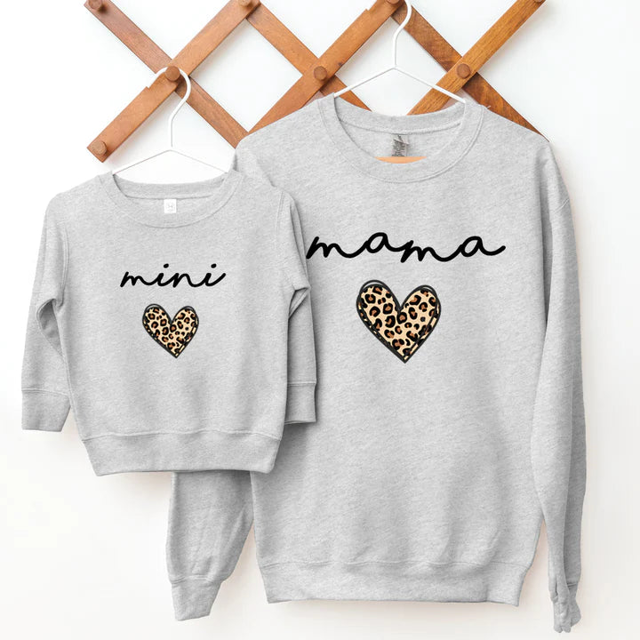 CLR Mama & Mini Leopard Logo Heart Matching Sweatshirts Grey - Mother Daughter Matching Outfits for Family Photos, Holidays & Casual Wear