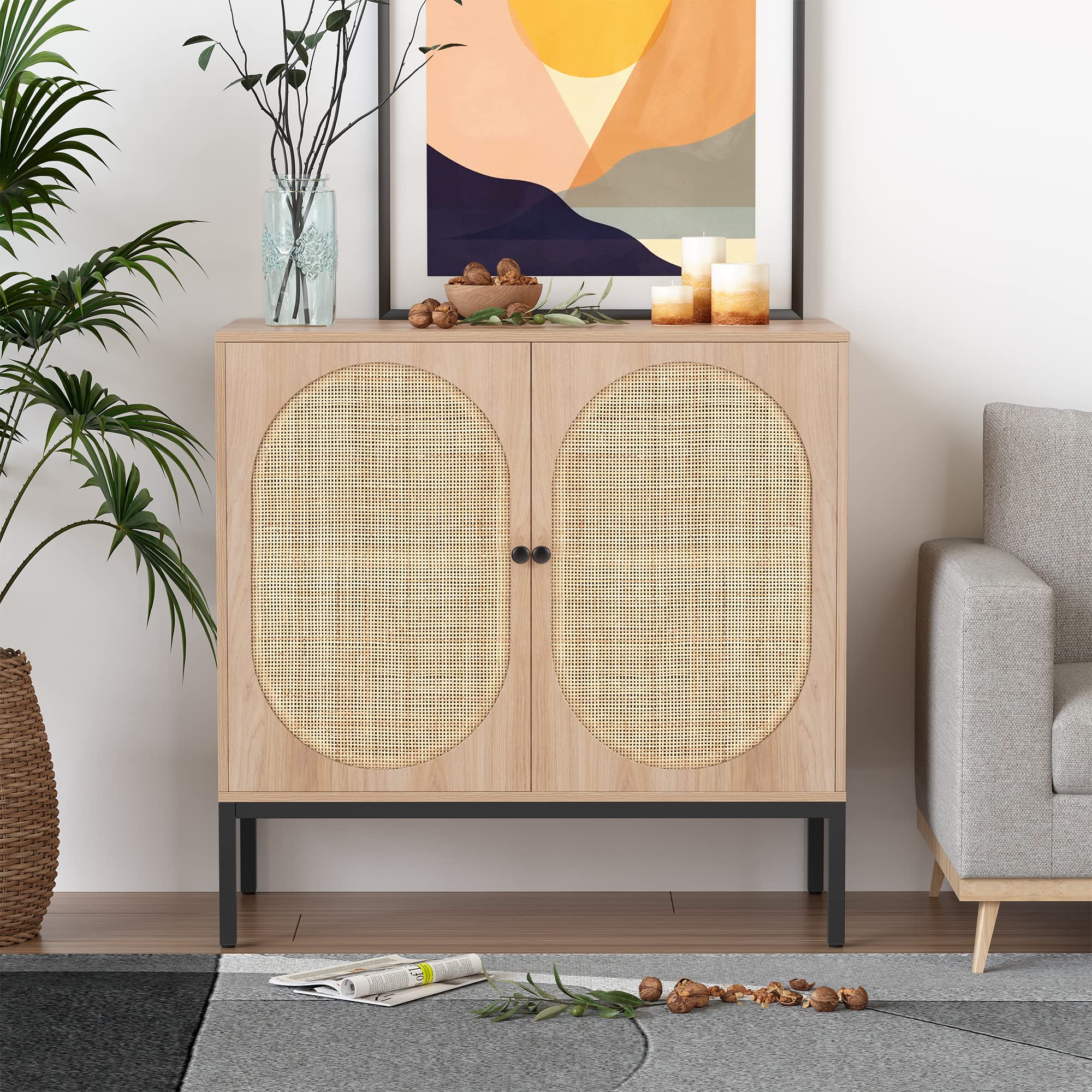 XIAO WEI Rattan Storage Cabinet with Doors - Modern Boho Farmhouse Accent Sideboard Buffet Cabinet with Metal Legs, Natural Finish - Perfect for Living Room, Hallway, Kitchen & Dining Room Storage & Decor