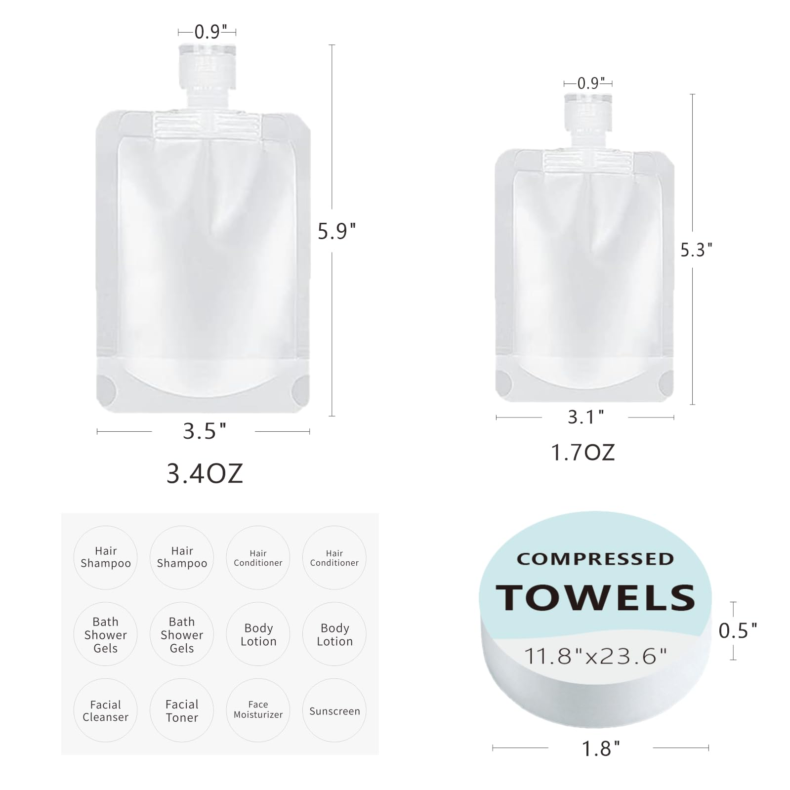**TSA Approved Travel Bottles Kit - Leak Proof Refillable Containers for Shampoo, Conditioner & Lotion with Compressed Towels | Portable Toiletries Set for Airplane, Gym & Vacation Essentials**