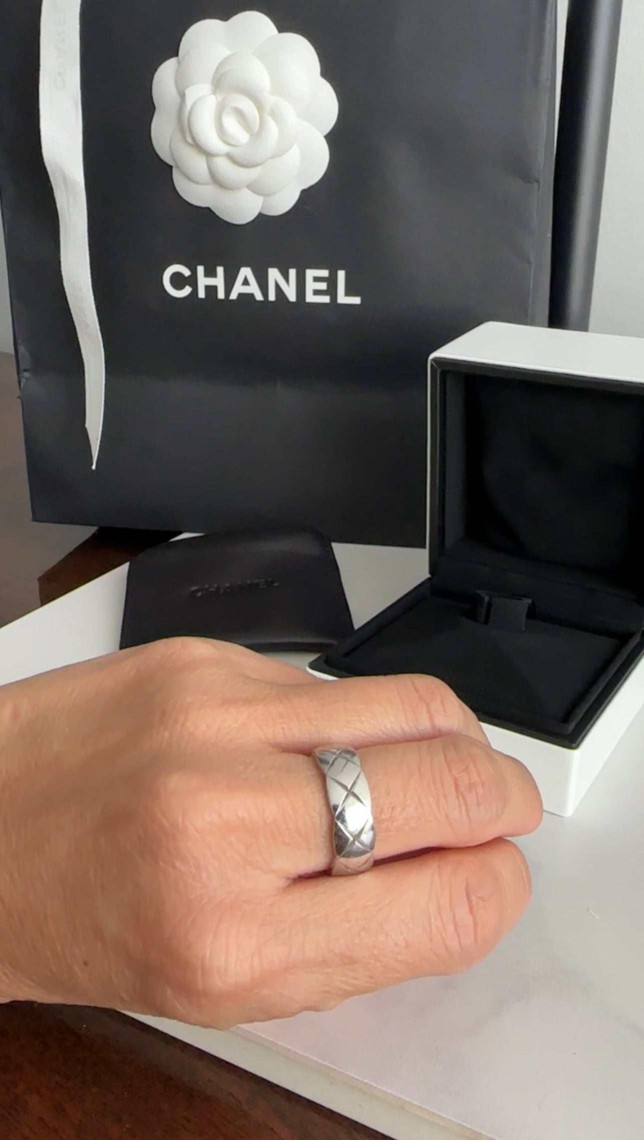 Chanel 18k White Gold Coco Crush Quilted Band Ring - Size 6.5 (US 53) - Luxury Fashion Jewelry for Women, Perfect for Weddings, Anniversaries & Special Occasions