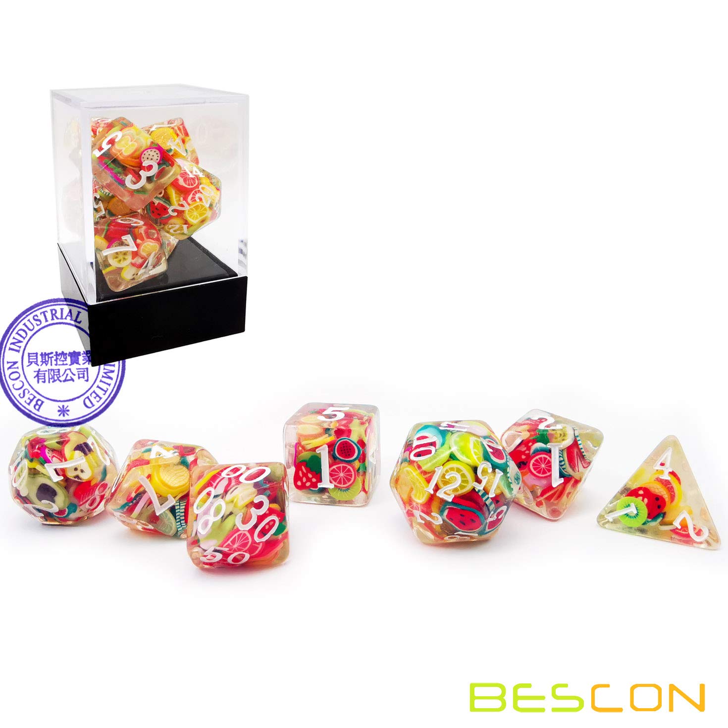 BESCON DICE 7-Piece Fruit Themed Polyhedral RPG Dice Set for Dungeons & Dragons, Pathfinder, and Tabletop Gaming - Perfect for D&D Players, Collectors, and Gift Giving