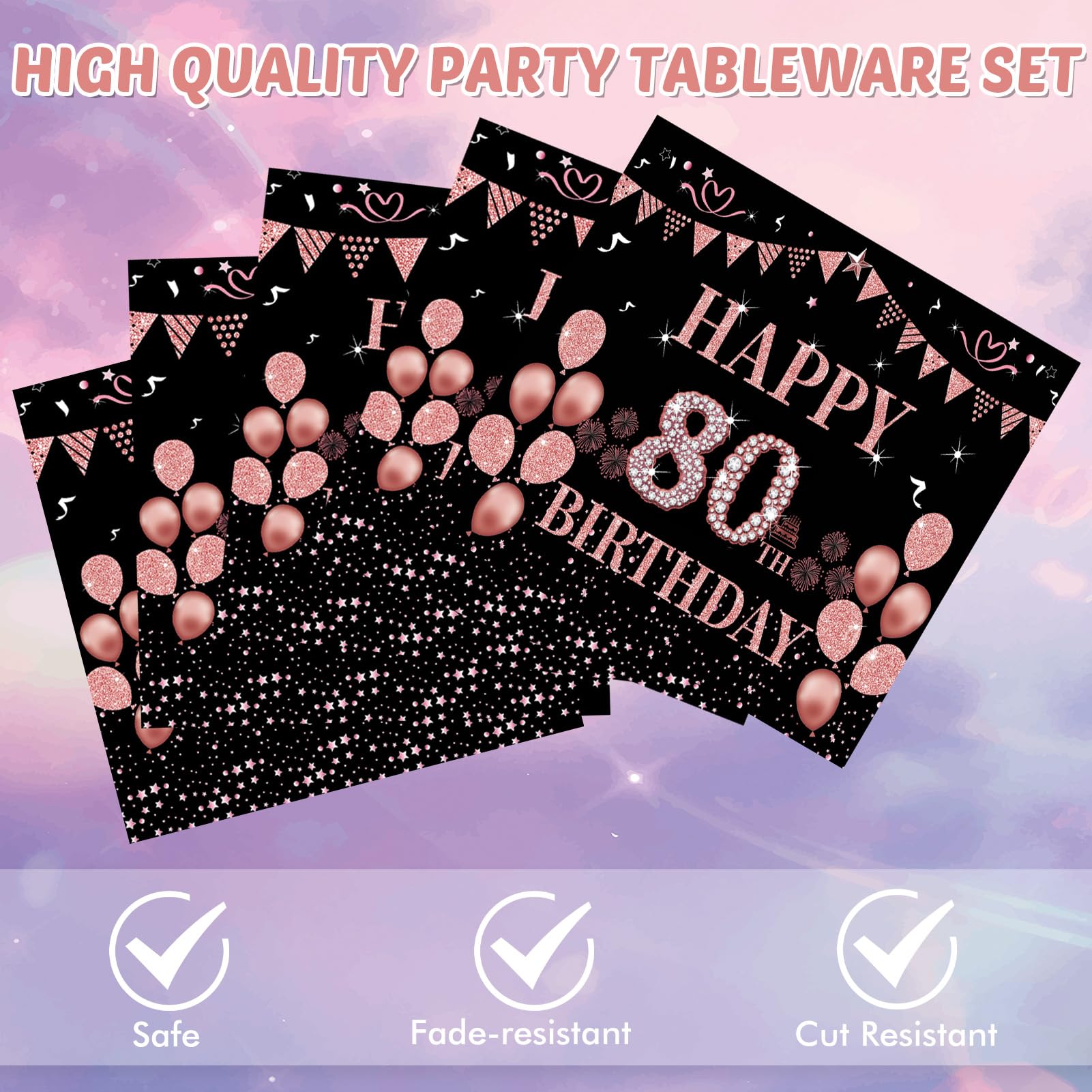 40PCS Black & Rose Gold 80th Birthday Party Decorations for Women - Elegant Plates, Napkins & Supplies Set - Perfect for Milestone Celebrations, Retirement Parties & Special Occasions