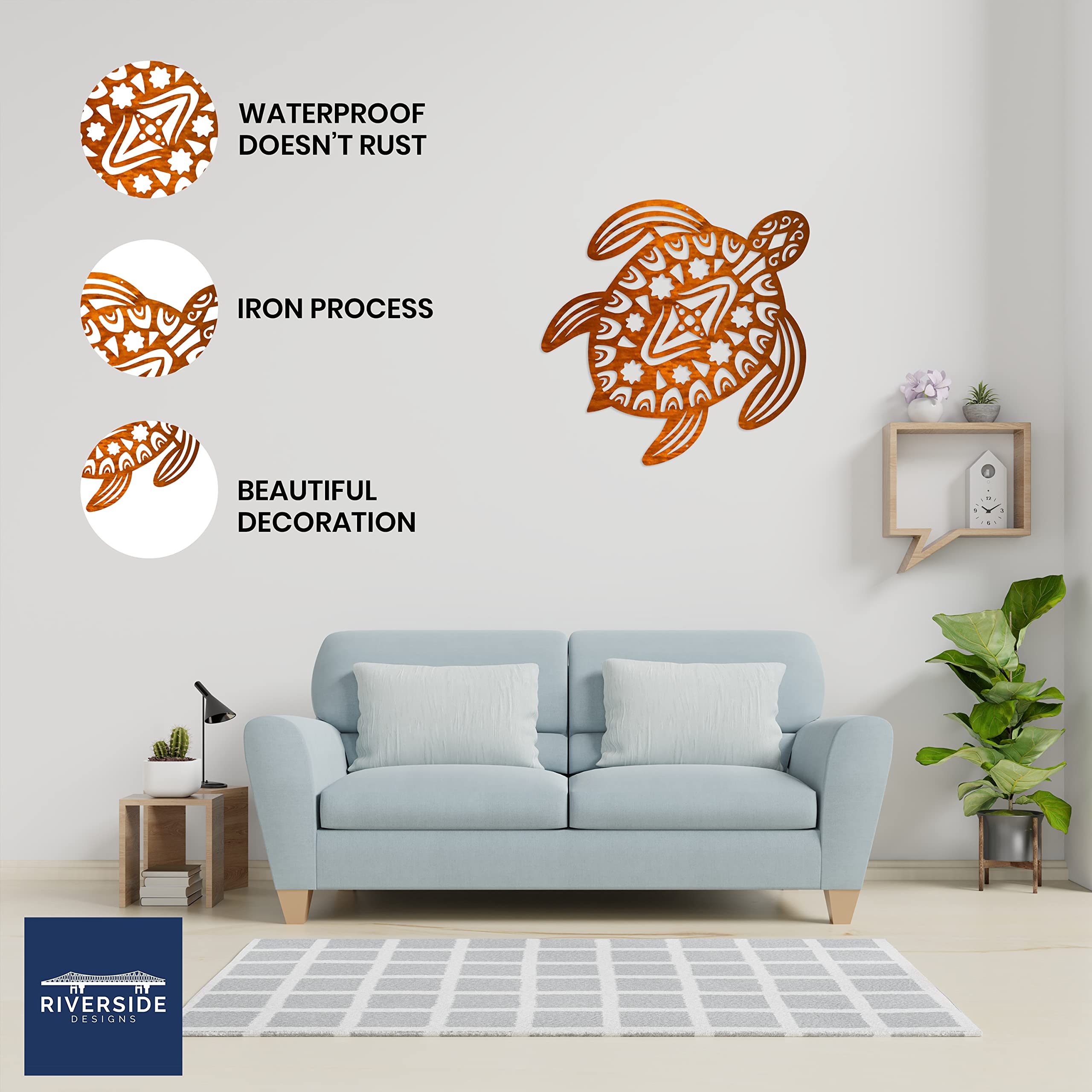 Riverside Designs Sea Turtle Coastal Beach Metal Wall Art Decor | Heavy-Duty Waterproof Outdoor Indoor Wall Hanging | Made in USA 18-Inch Copper | Perfect for Beach House, Living Room, Patio & Coastal Decor