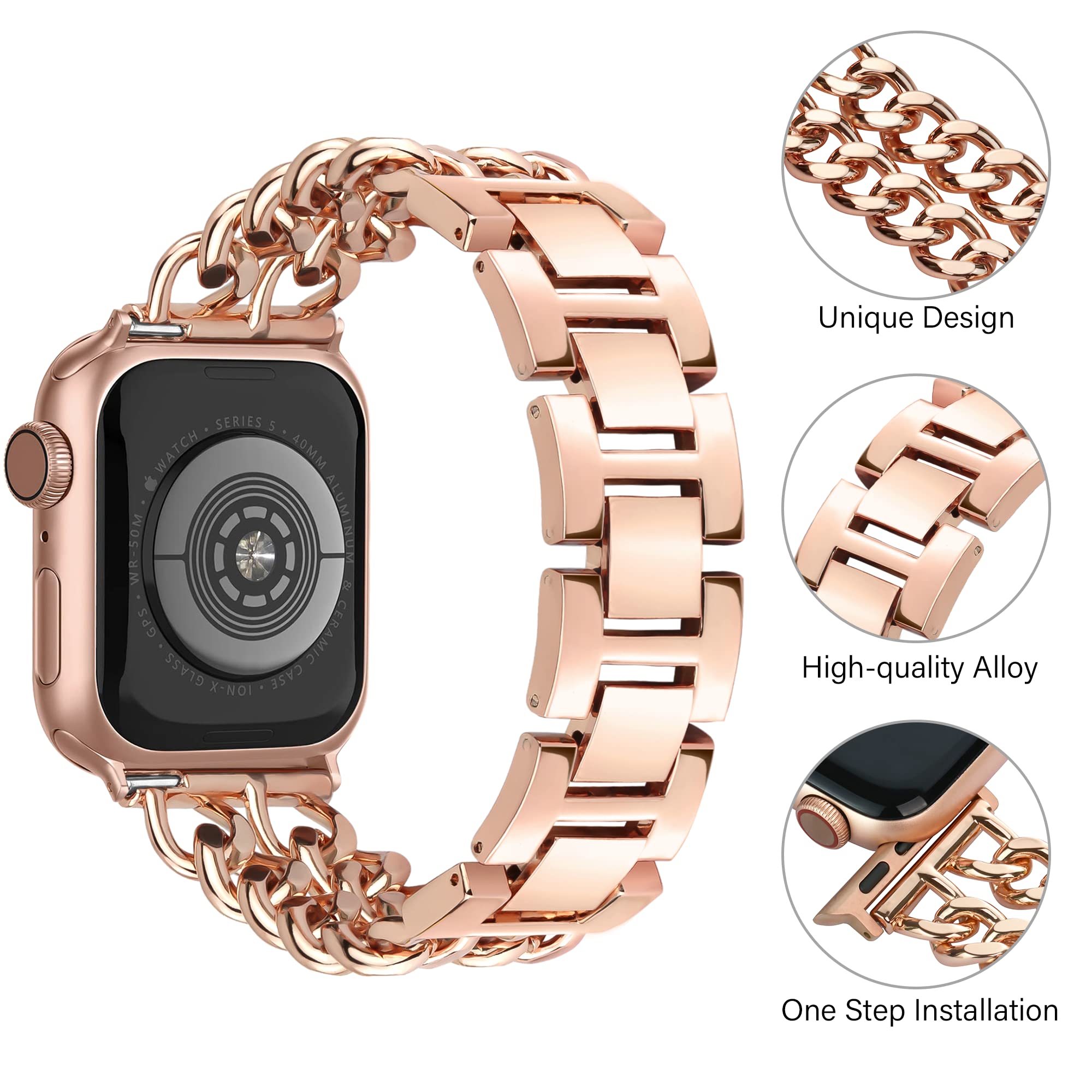 Elegant Rose Gold Double Chain Metal Apple Watch Band - Compatible with Apple Watch Ultra 2/1, SE, Series 10/9/8/7/6/5/4/3/2/1 (40mm 41mm 42mm 38mm) - Stylish Unisex Bracelet for Work, Parties & Everyday Wear