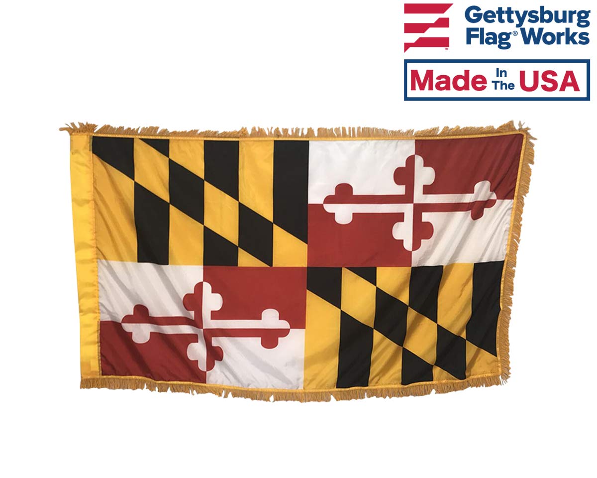 3x5' Maryland Flag Indoor Set with Pole, Base & Spreader - Premium Indoor Flag Kit with Spear Finial, Decorative Cord & Tassel - Perfect for Home, Office, Classroom & Patriotic Decor
