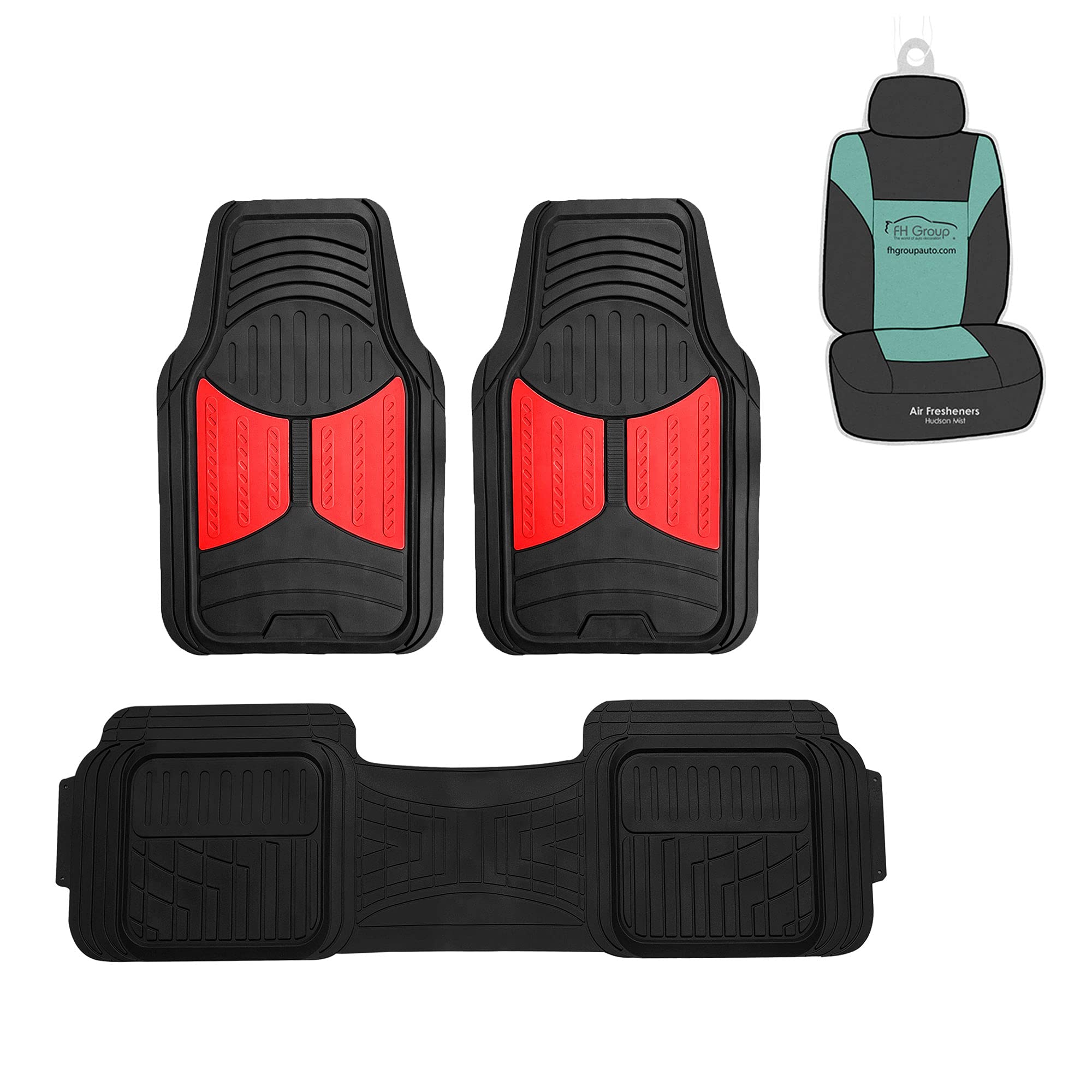 Premium FH Group Climaproof™ Heavy Duty Rubber Car Floor Mats - Universal Fit for Sedan, SUV & Truck - Trimmable Full Red Set with Combo Small Car Seat Cover - All-Weather Protection for Mud, Snow & Spills - Perfect for Daily Commute, Road Trips & Off-Road Adventures