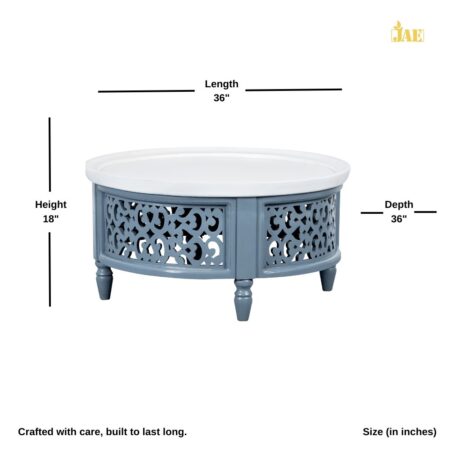 Handmade Carved Mango Wood Round Coffee Table with Intricate Jali Work - Natural Grey Finish - Rustic Boho Living Room Centerpiece for Home Decor