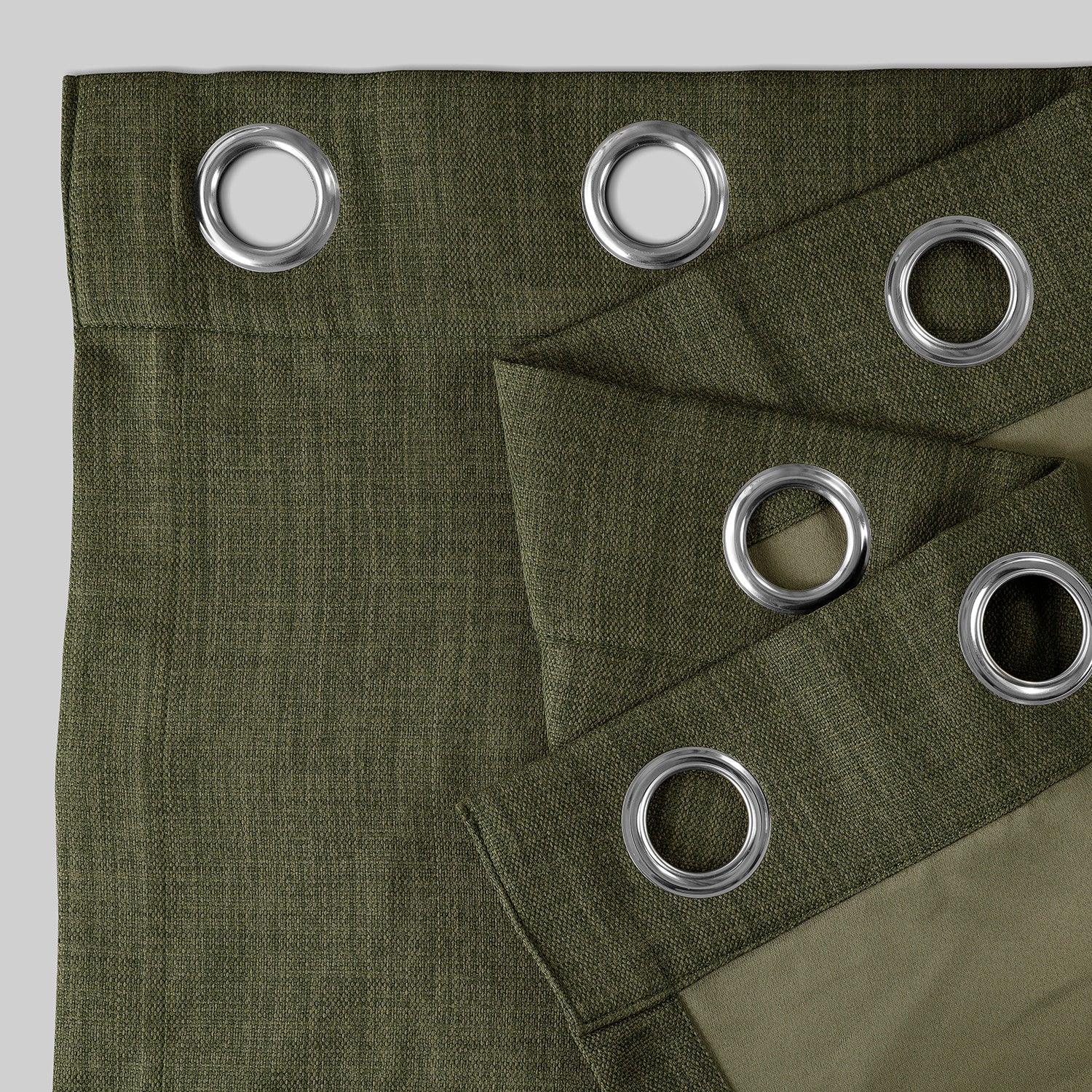Khaki Green Grommet Textured Faux Linen Blackout Curtains for Bedroom & Living Room - Thermal Insulated Window Drapes for Home Decor and Light Blocking