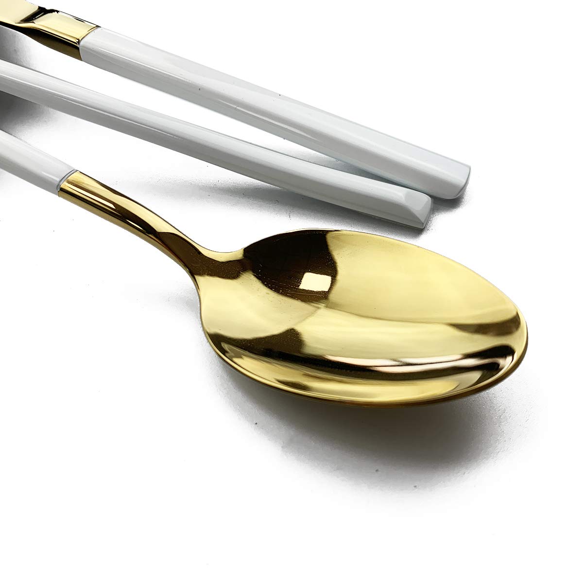 JASHII 5-Piece Modern Silverware Set - 18/10 Stainless Steel Elegant Flatware with Square Edge - Mirror Polished & Dishwasher Safe (White Gold) - Perfect for Fine Dining, Wedding Gifts & Upscale Kitchen Utensils