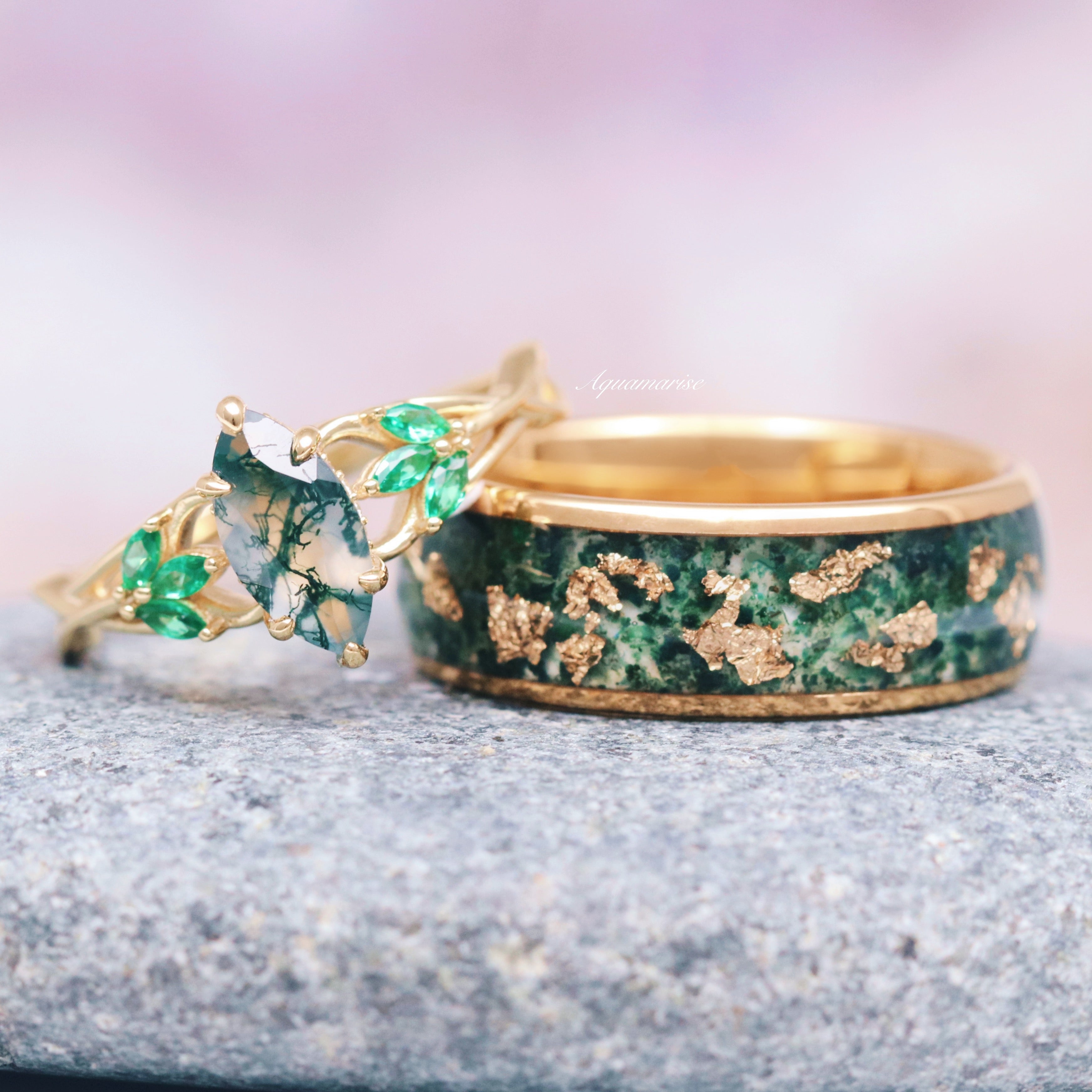 14K Yellow Gold Moss Agate & Emerald Celtic Knot Ring - Handmade Irish Jewelry for Women, Wedding, Anniversary & Spiritual Gifts