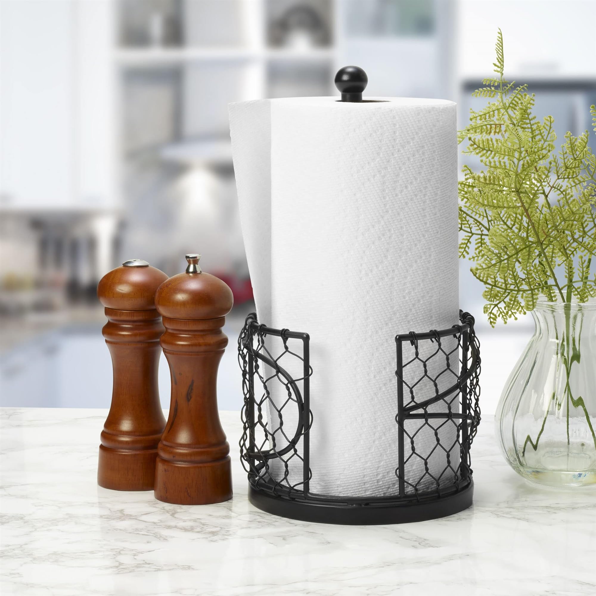 Mikasa Gourmet Basics 12.75-Inch Black Iron Paper Towel Holder - Contemporary Countertop Dispenser with Easy Roll Replacement | Perfect for Kitchen, Bathroom & Farmers Market Decor