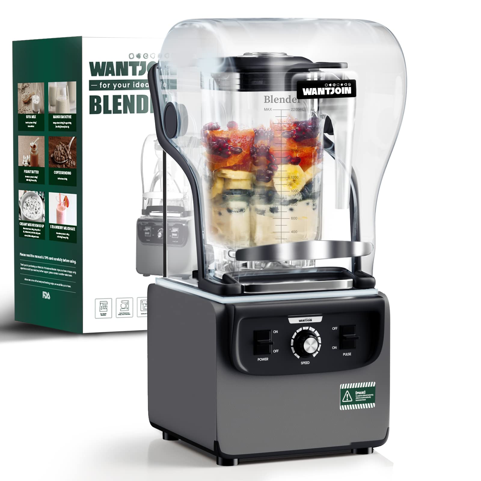 Wantjoin 1800W Professional Commercial Blender - 2200ml Large Capacity, Quiet & Soundproof Design for Smoothies, Ice Crushing, Puree - Perfect for Home Kitchen, Restaurants & Cafes (Grey)