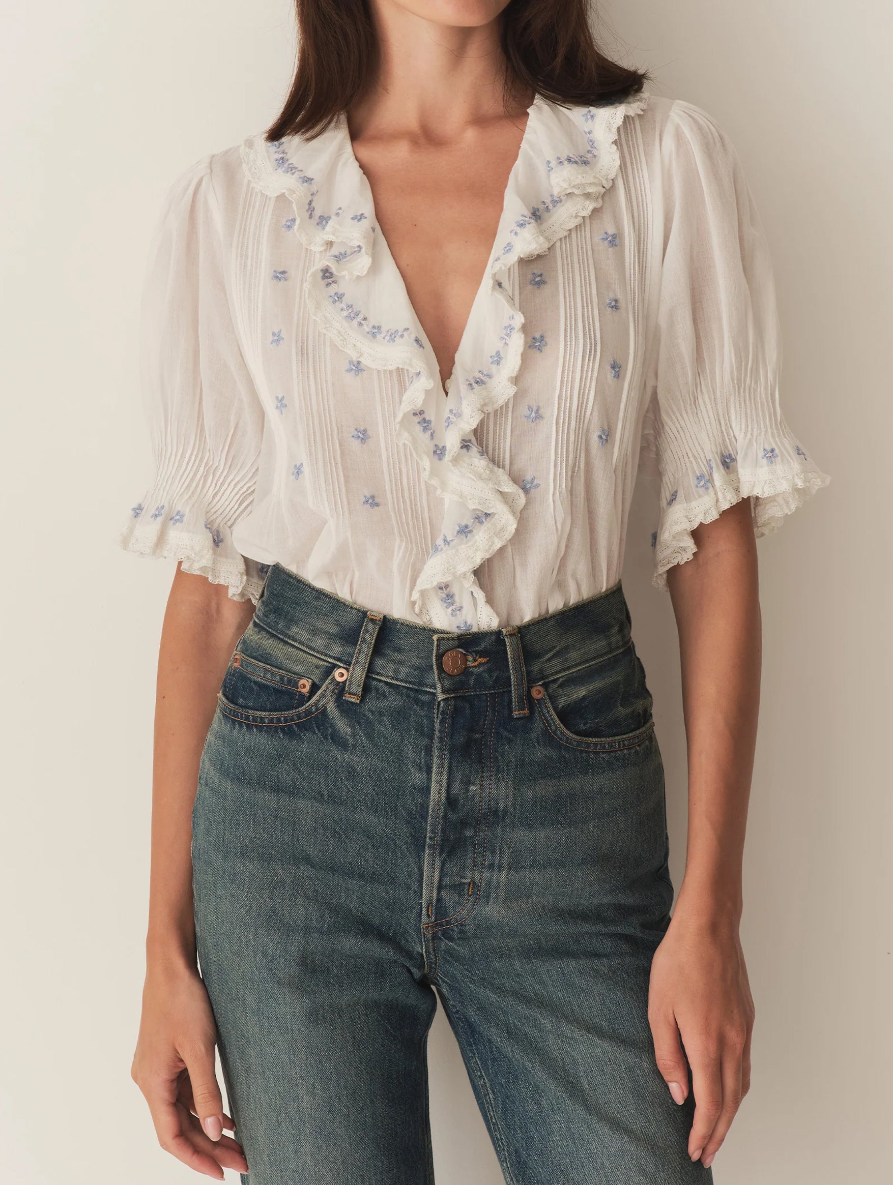 Hettie Floral Embroidery Women's Blouse in Salt - Elegant Boho Chic Top for Casual Wear, Date Night & Summer Outfits