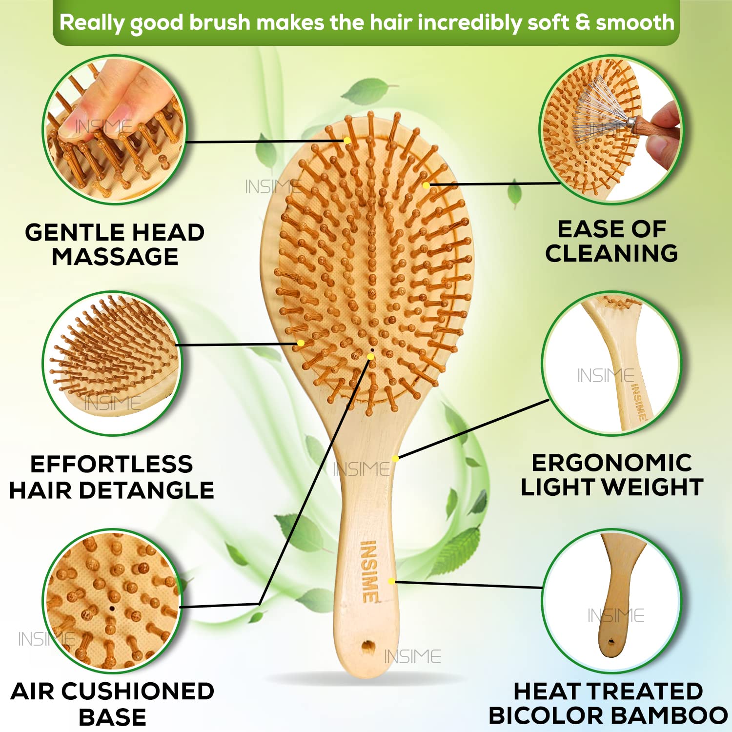 INSIME Bamboo Wooden Hair Brush for Women & Men - Hair Growth & Styling for Curly Hair at Home & Travel