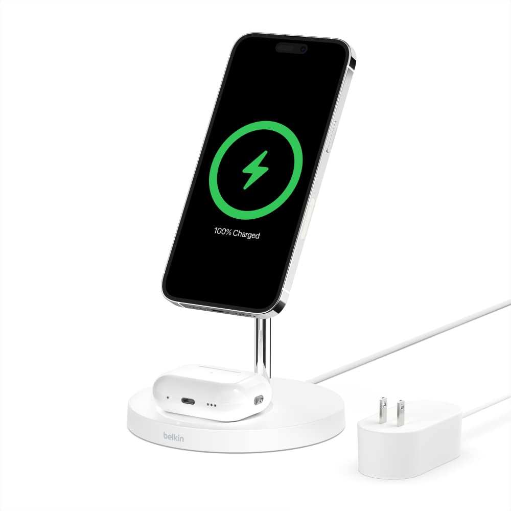 Belkin MagSafe 2-in-1 Wireless Charger Stand - 15W Fast Charging for iPhone 13/12/Pro/Pro Max/Mini & AirPods | Perfect for Bedside, Office Desk & Travel Charging