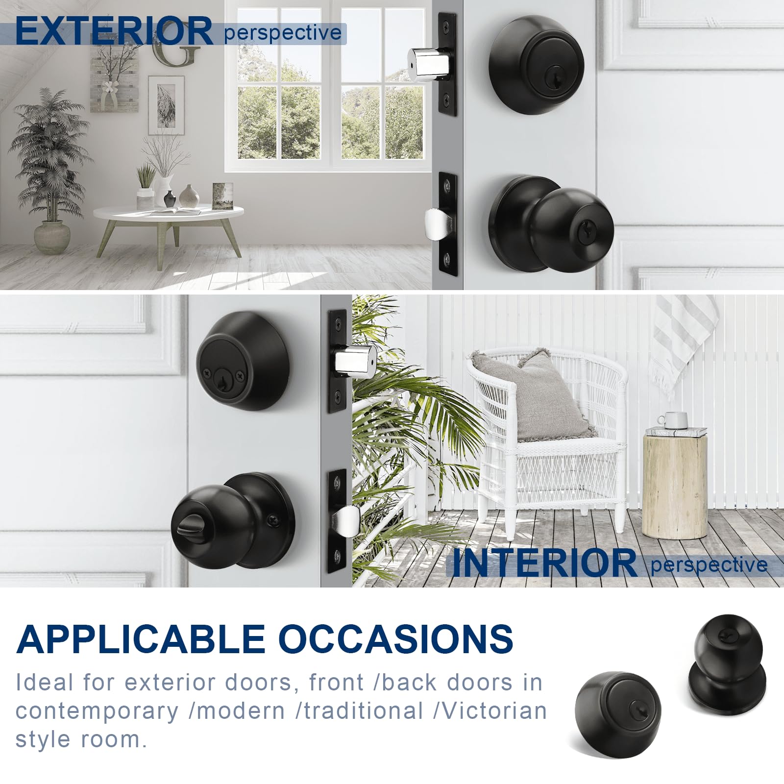 3 Pack Keyed Alike Entry Door Knob & Deadbolt Lock Set - Flat Black Exterior Door Hardware for Front Doors, Double Cylinder Deadbolt & Round Knob Combo - Secure Your Home, Office, or Apartment Entrance