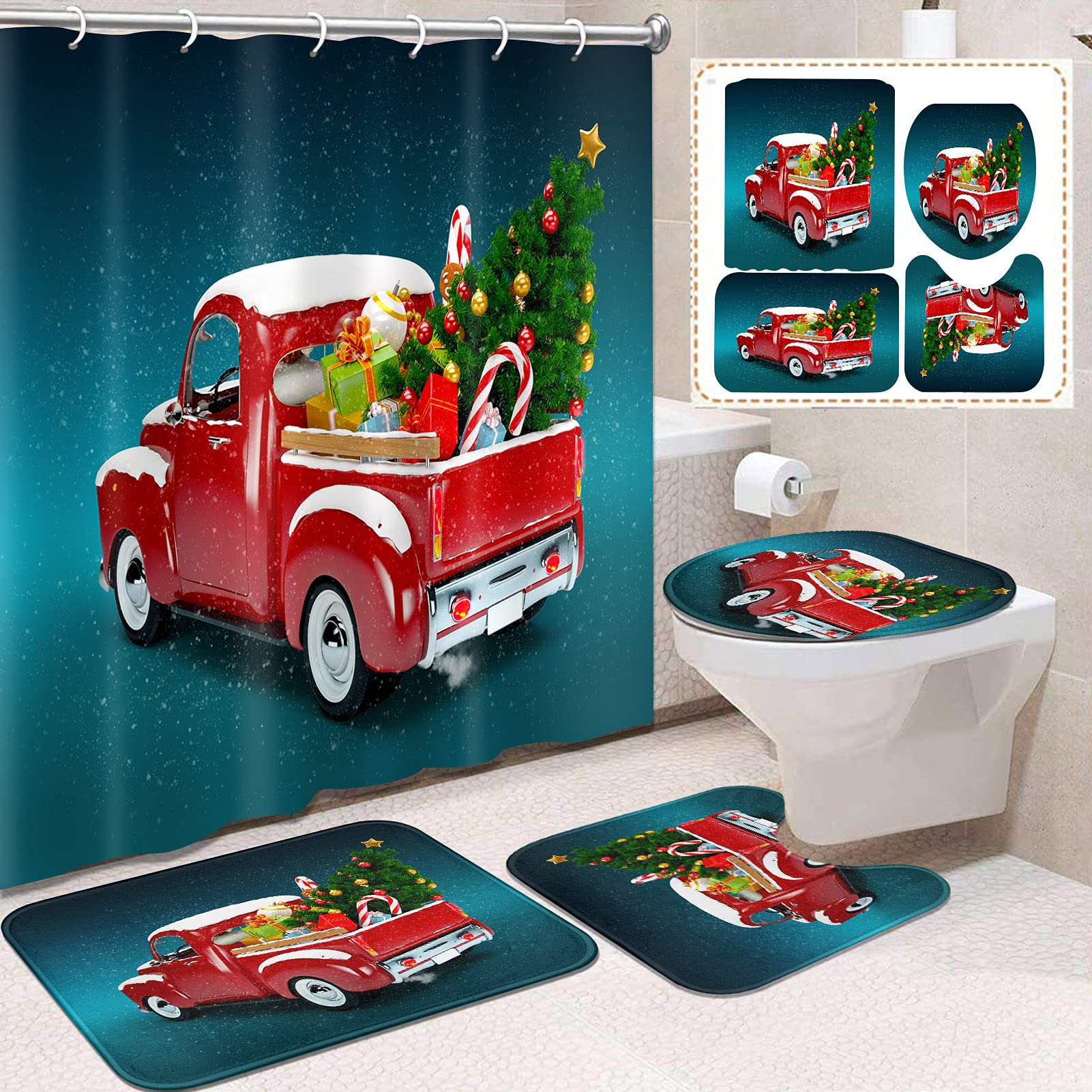 Emvency 4-Piece Christmas Shower Curtain Set - Dark Green Holiday Bathroom Decor with Non-Slip Rugs, Toilet Lid Cover & Truck-Themed Xmas Tree Bath Mat (72