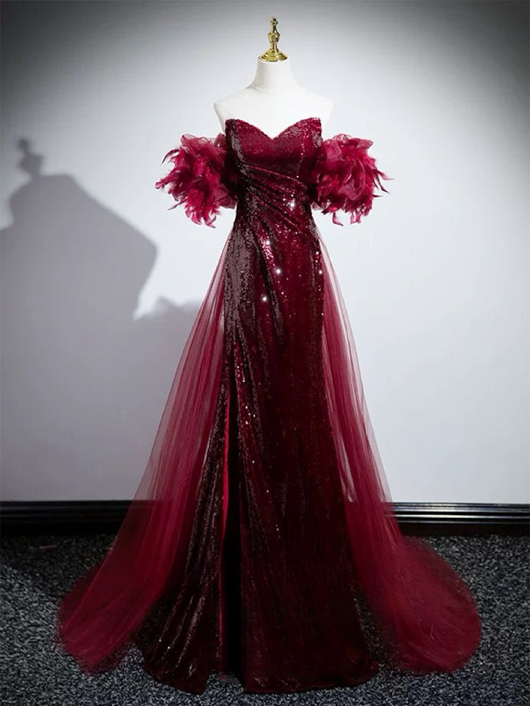 Elegant Mermaid Off Shoulder Sequin Burgundy Long Prom Dress for Women - Stunning Burgundy Evening Gown for Formal Events, Homecoming, and Special Occasions