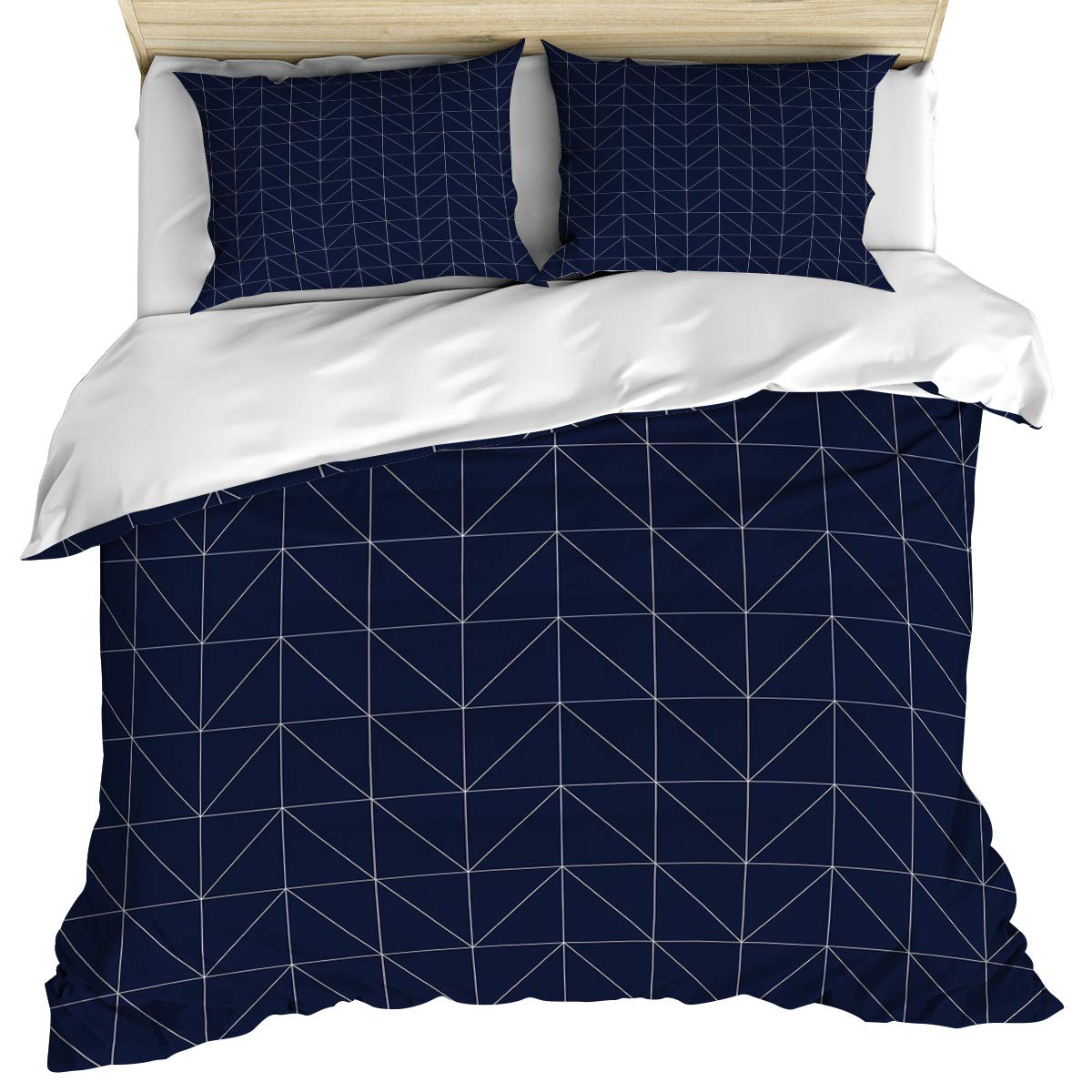 Luxury 3-Piece Duvet Cover Set Full Size - Navy Blue Striped Zigzag Geometric Cotton Bedding with Pillow Shams | Soft, Cozy & Machine Washable | Perfect for Master Bedroom, Guest Room & Dorm Decor