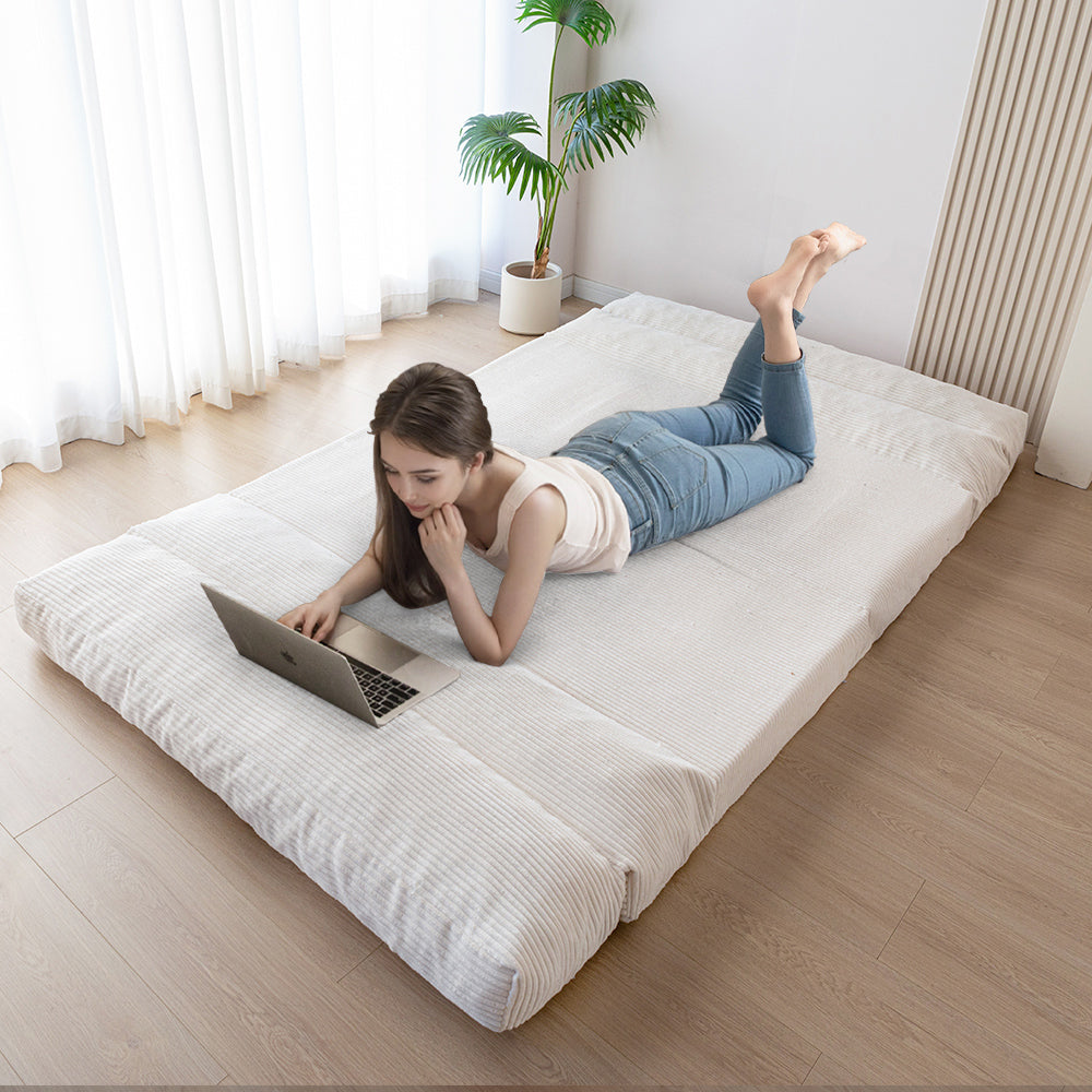MAXYOYO Folding Sofa Bed - Convertible Corduroy Floor Sofa in Beige | Space-Saving Guest Bed & Lounge Chair for Small Apartments, Dorms & Living Rooms