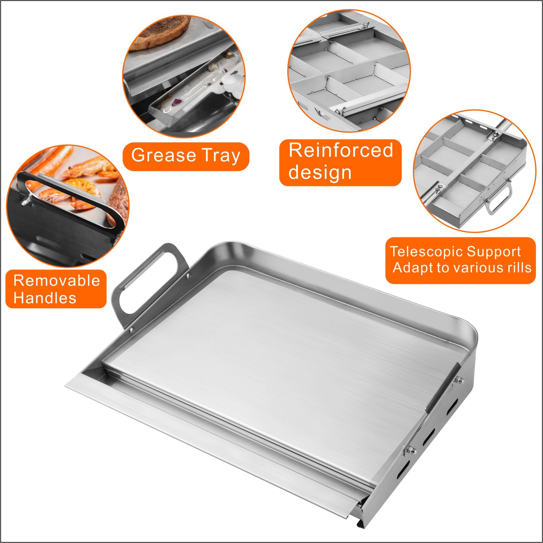 JiRiCHMi Stainless Steel Griddle for Gas Grill - Flat Top Grill for Stove with Removable Grease Tray & Retractable Stand - Perfect for Outdoor Cooking, Camping, BBQs, and Backyard Grilling - Fits Various Grill Sizes