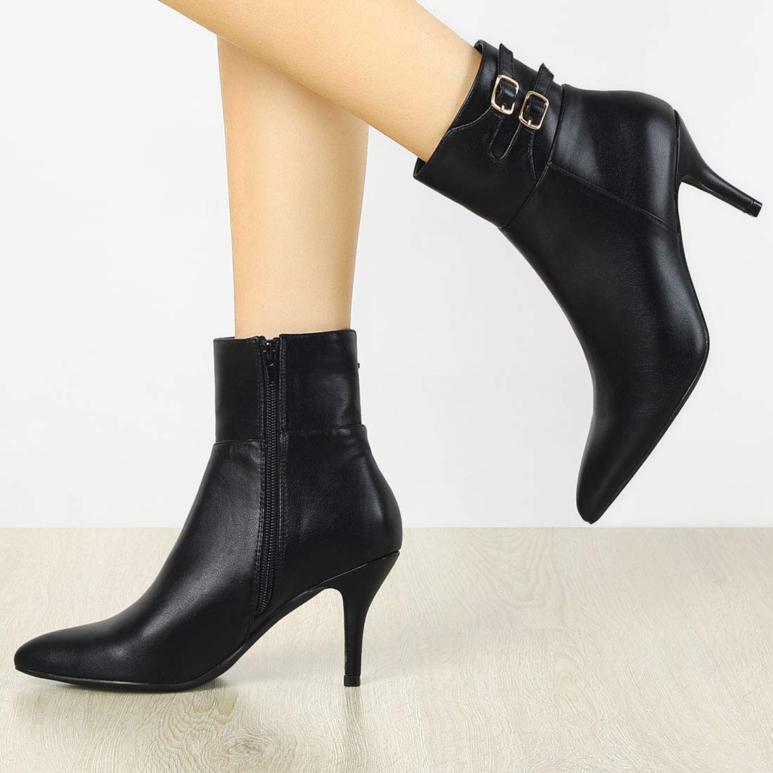 Allegra K Women's Pointed Toe Buckle Stiletto Heel Ankle Boots - Stylish Dress Shoes for Office, Party & Night Out
