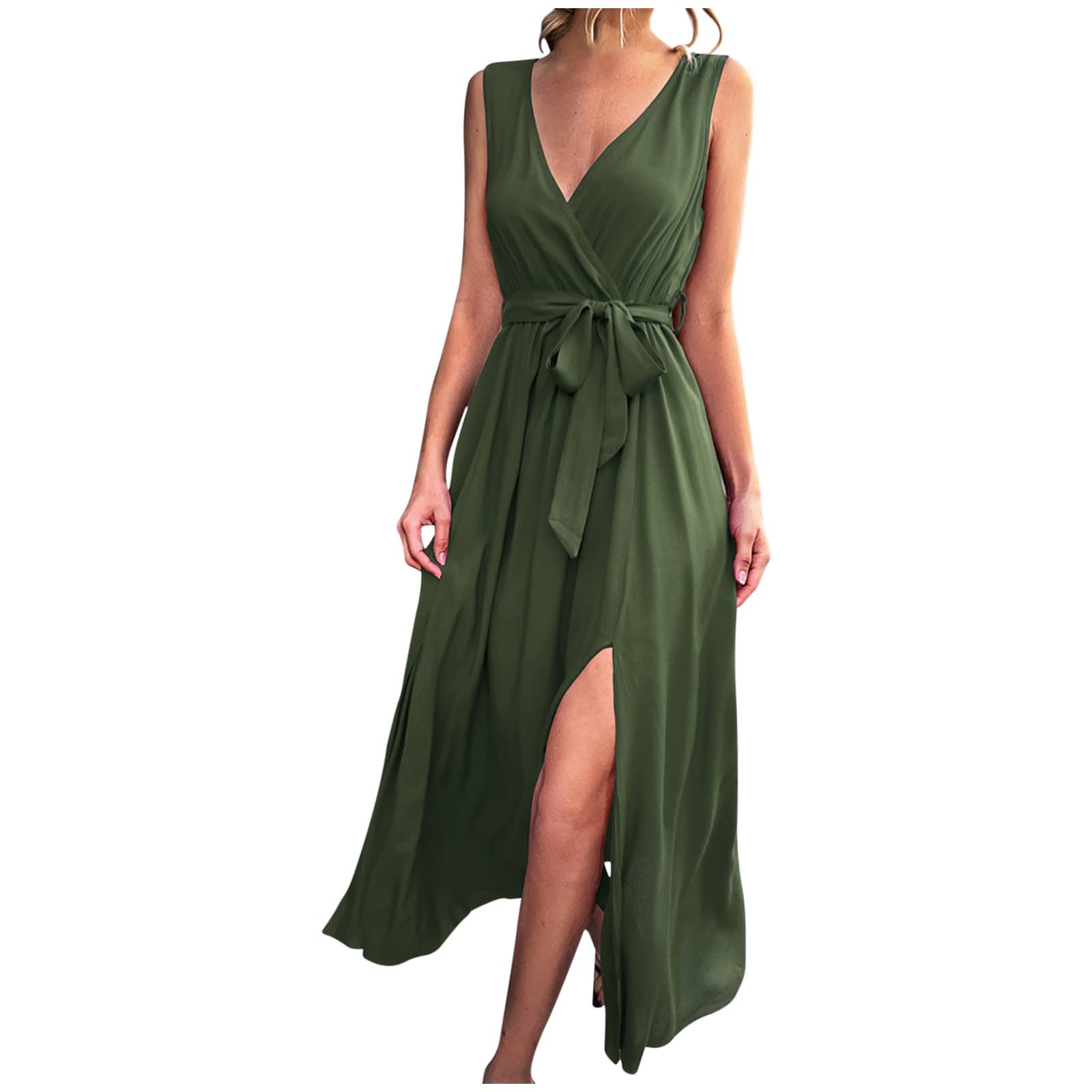 Sexy Women's Summer Dress - Sleeveless Wrap V-Neck Maxi Dress with Tie Belt & Side Slit | Beach Party, Wedding Guest Outfit | Perfect for Vacations, Date Nights & Special Occasions