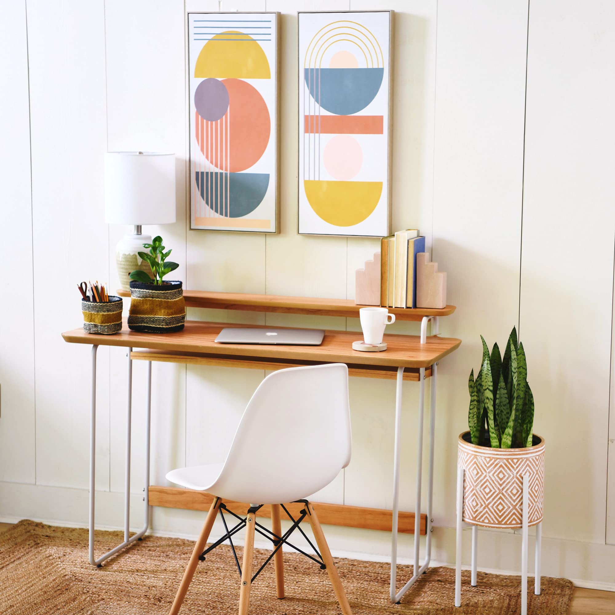 Mid-Century Modern Computer Desk - Genuine Wood Veneer & Rounded Metal Frame - Boho Home Office Desk for Bedroom, Study & Workspace | Perfect for Remote Work & Small Space Living